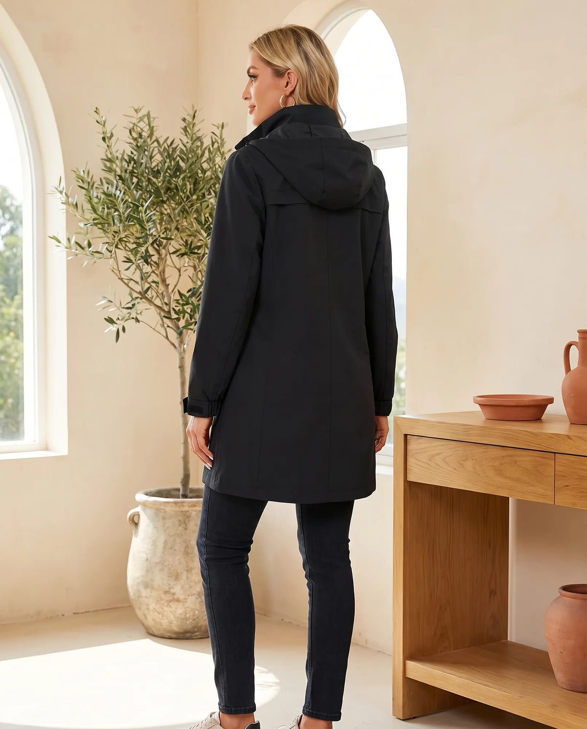 Harlow Hooded Slim Fit Trench Coat for Women – Black