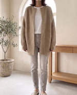 Wren Oversized Cardigan for Women - Fluffy Knit Snap Button Front - Beige
