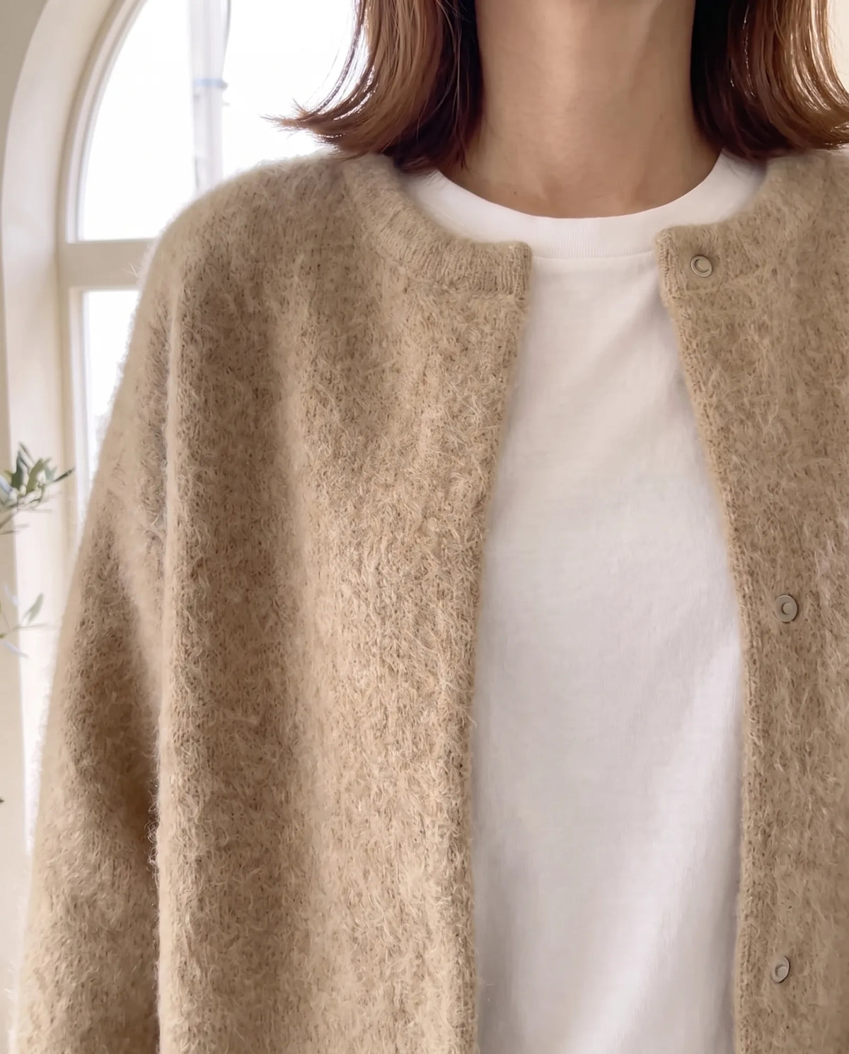 Wren Oversized Cardigan for Women - Fluffy Knit Snap Button Front - Beige