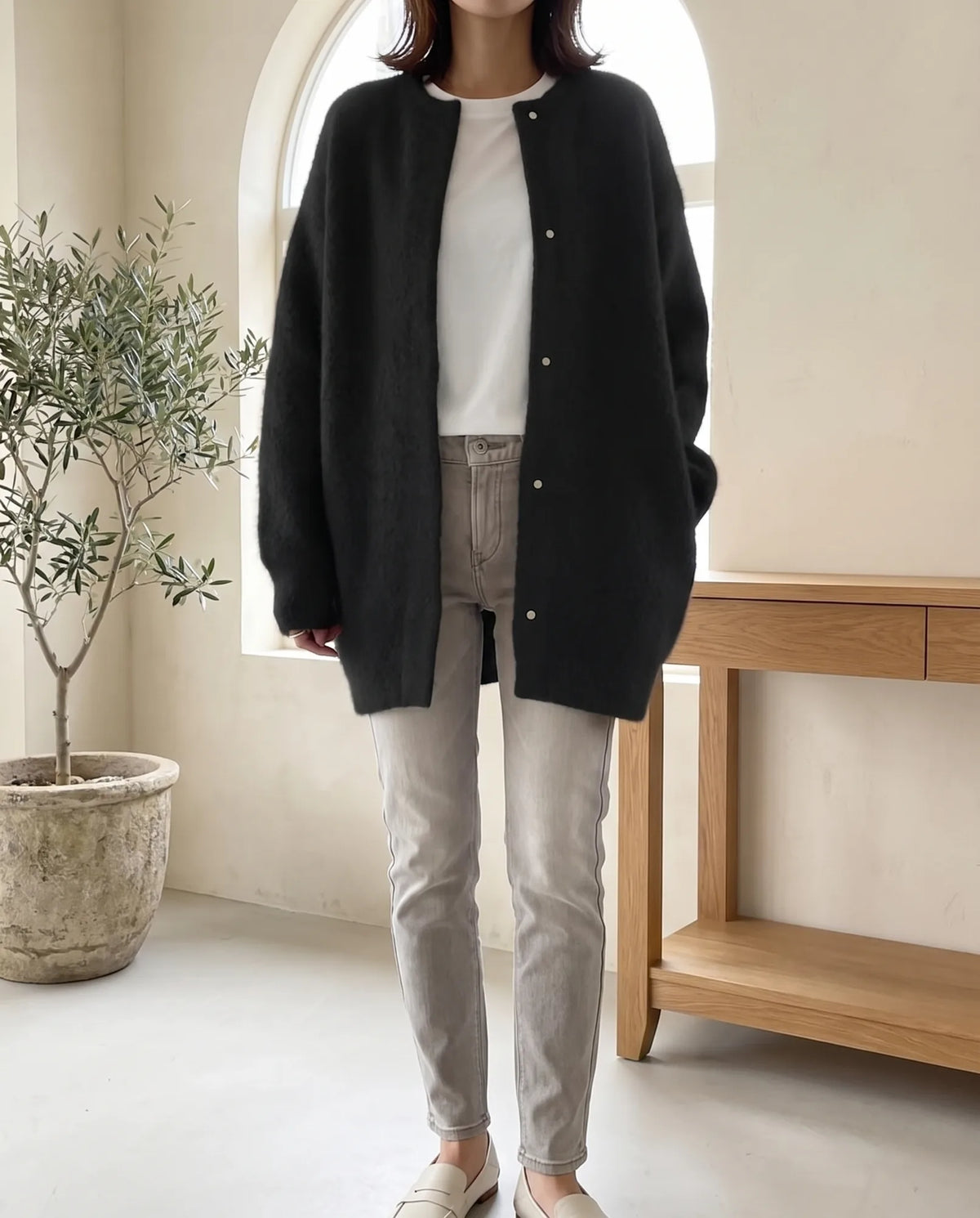 Wren Oversized Cardigan for Women - Fluffy Knit Snap Button Front - Black | Auburn Row