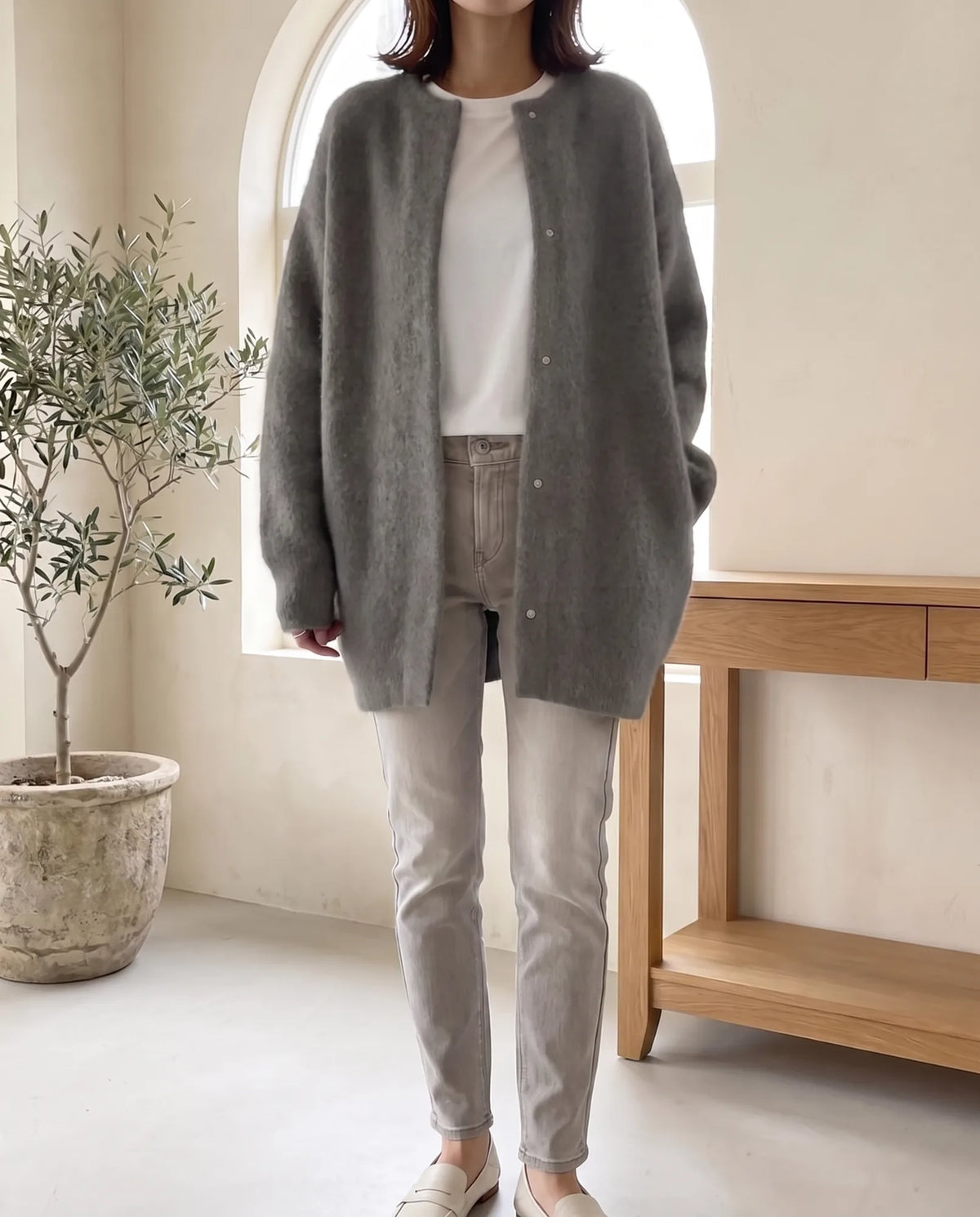 Wren Oversized Cardigan for Women - Fluffy Knit Snap Button Front - Grey | Auburn Row