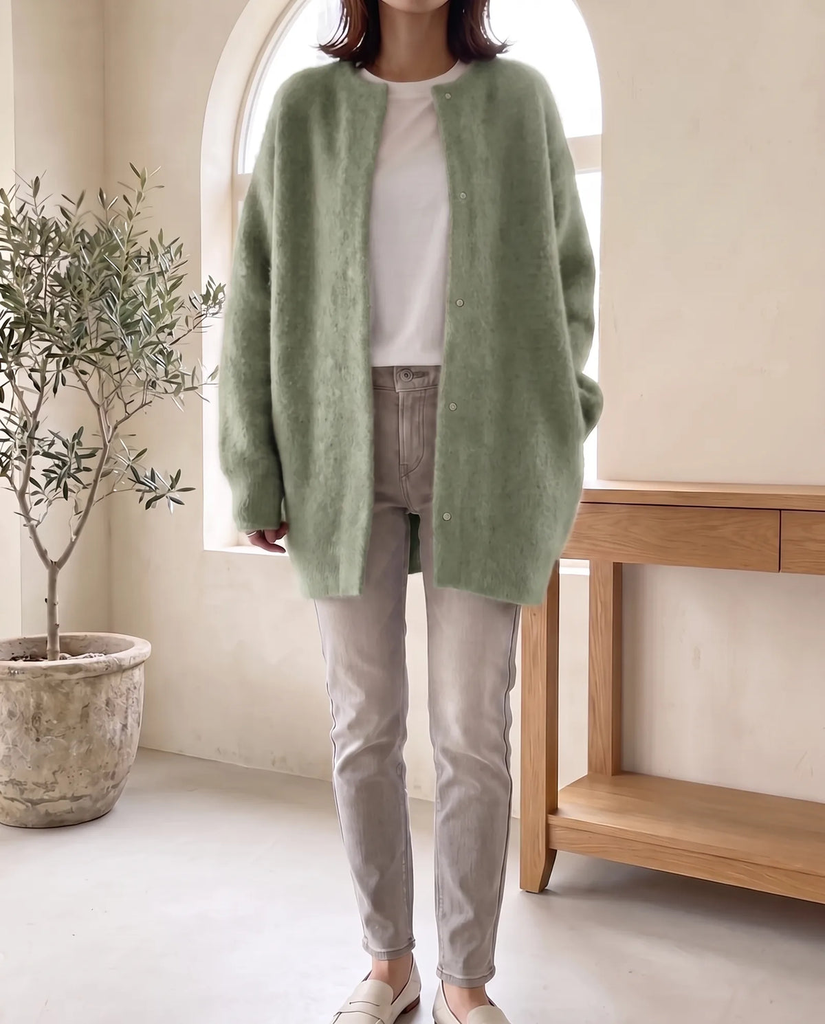 Wren Oversized Cardigan for Women - Fluffy Knit Snap Button Front - Sage Green