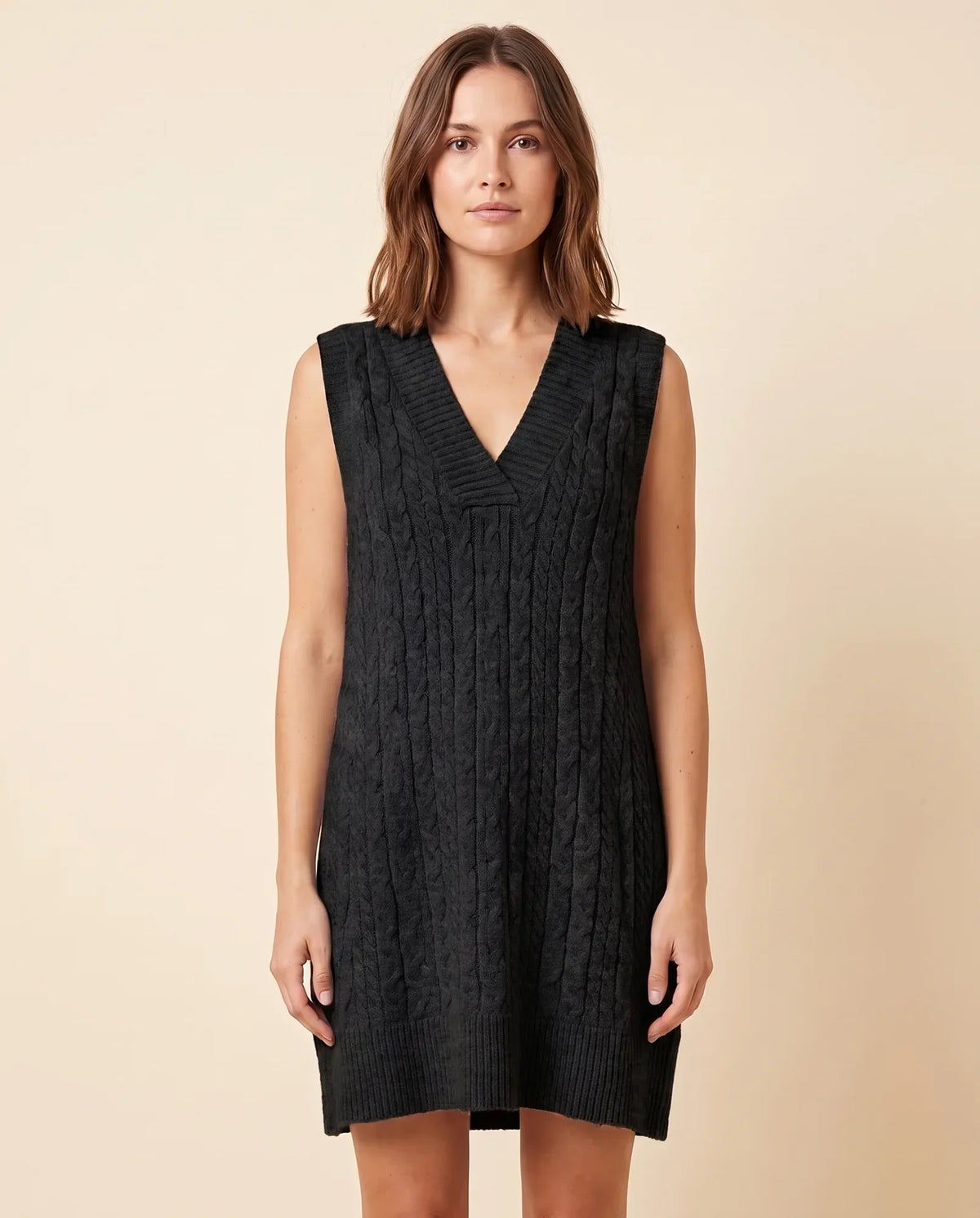 Bryn Sweater Dress for Women - Cable Knit V-Neck Sleeveless Mini