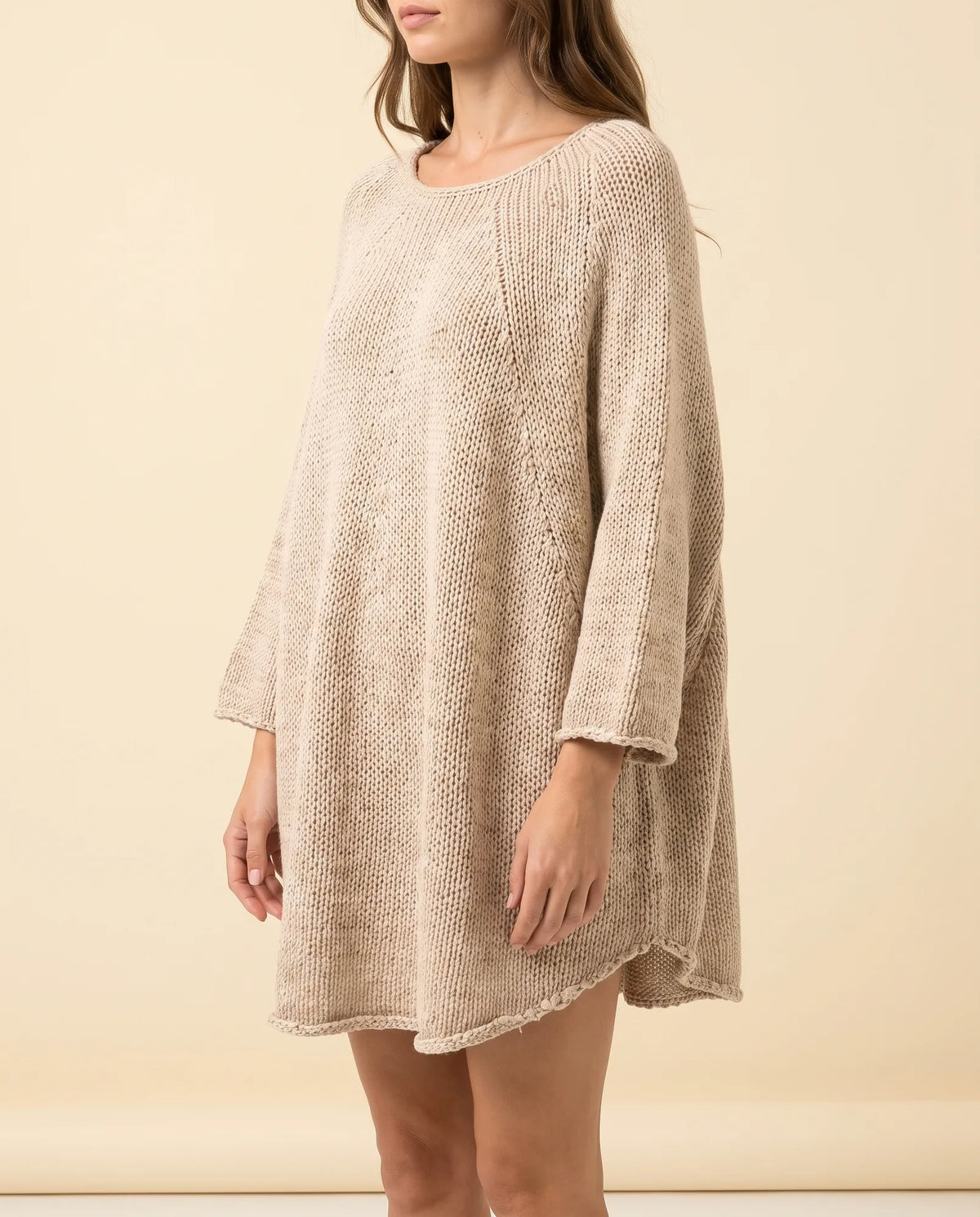 Eloise Sweater for Women - Oversized Poncho-Style Curved Hem Round Neck
