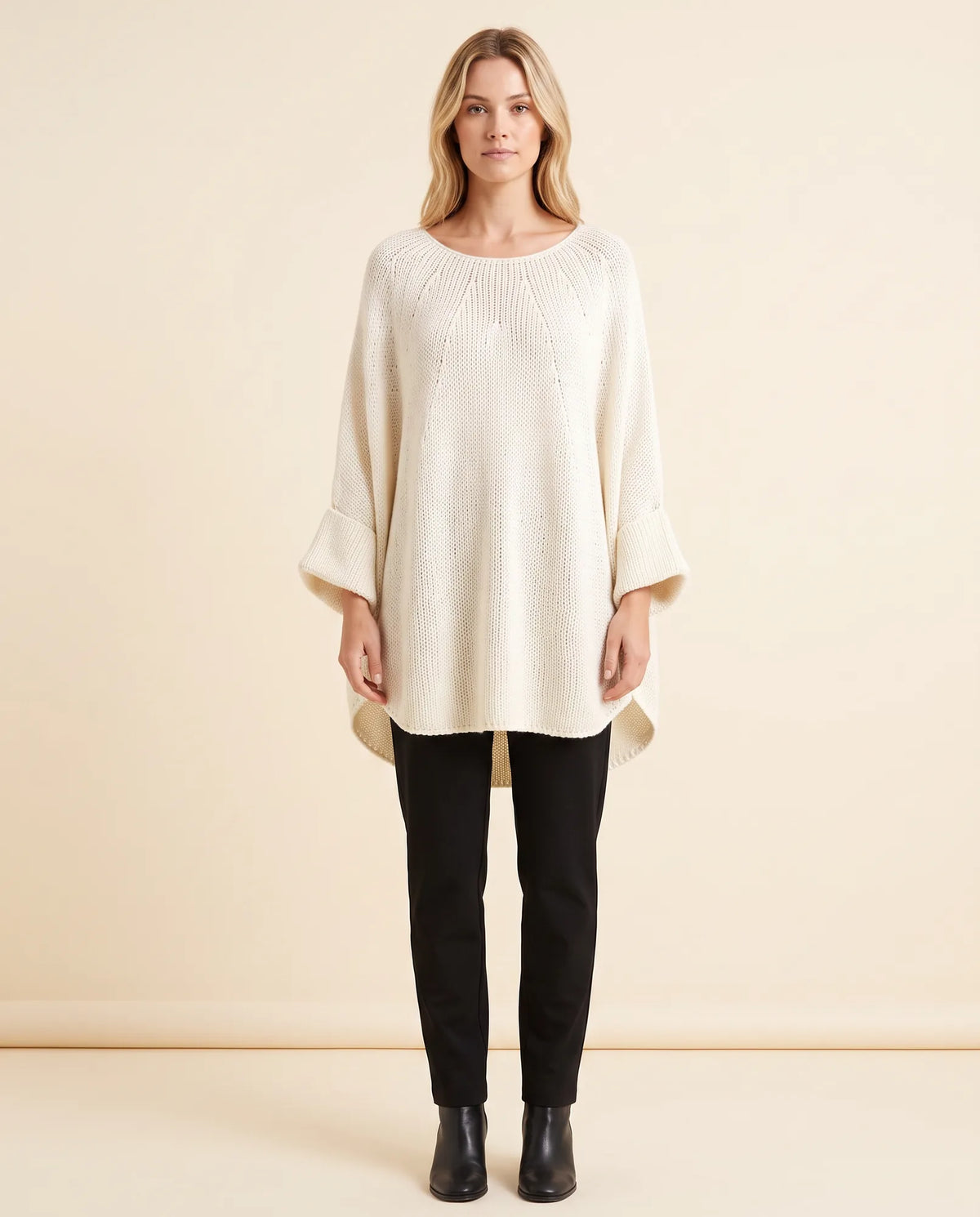 Eloise Sweater for Women - Oversized Poncho-Style Curved Hem Round Neck