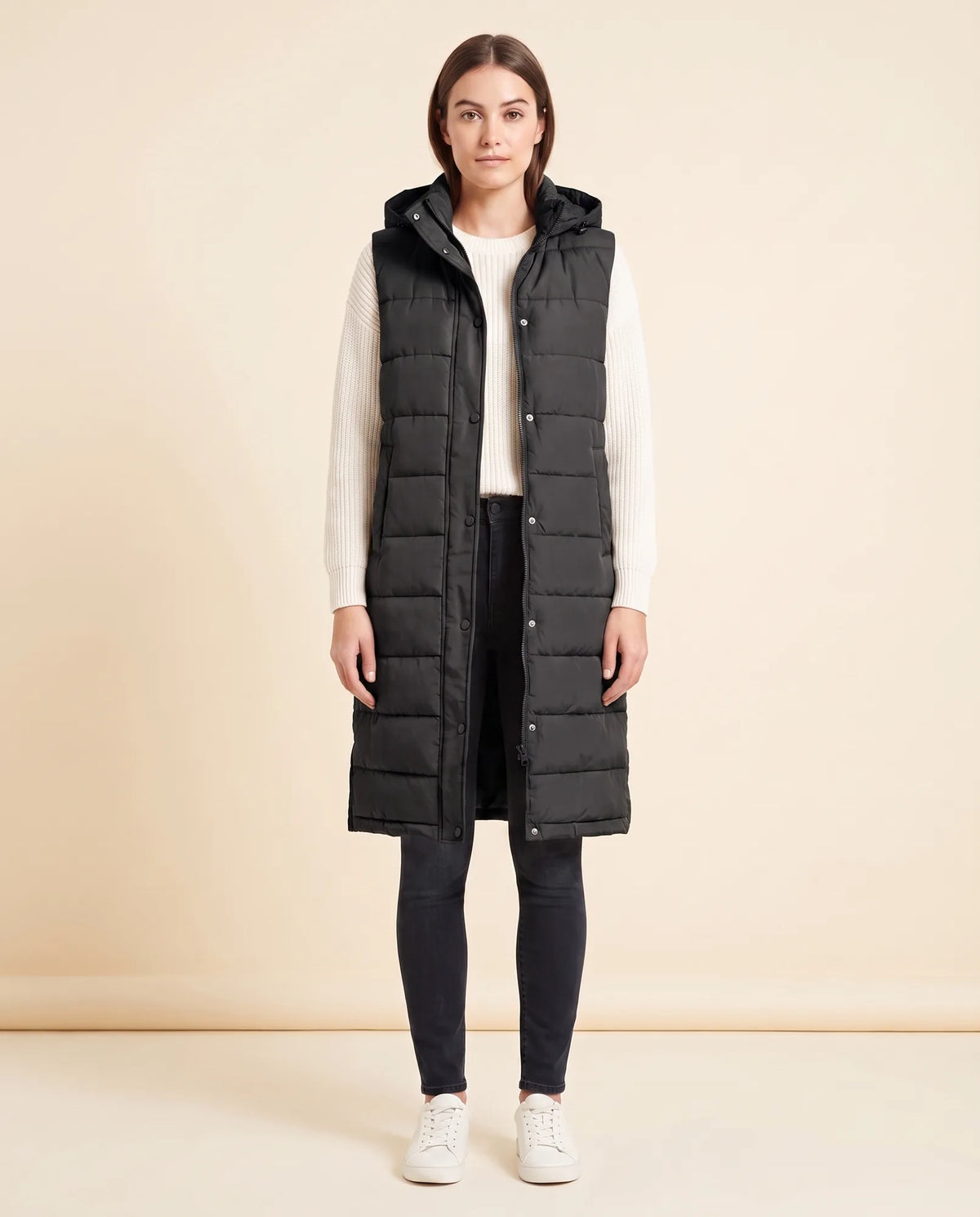 Esme Puffer Vest for Women - Longline Hooded Sleeveless