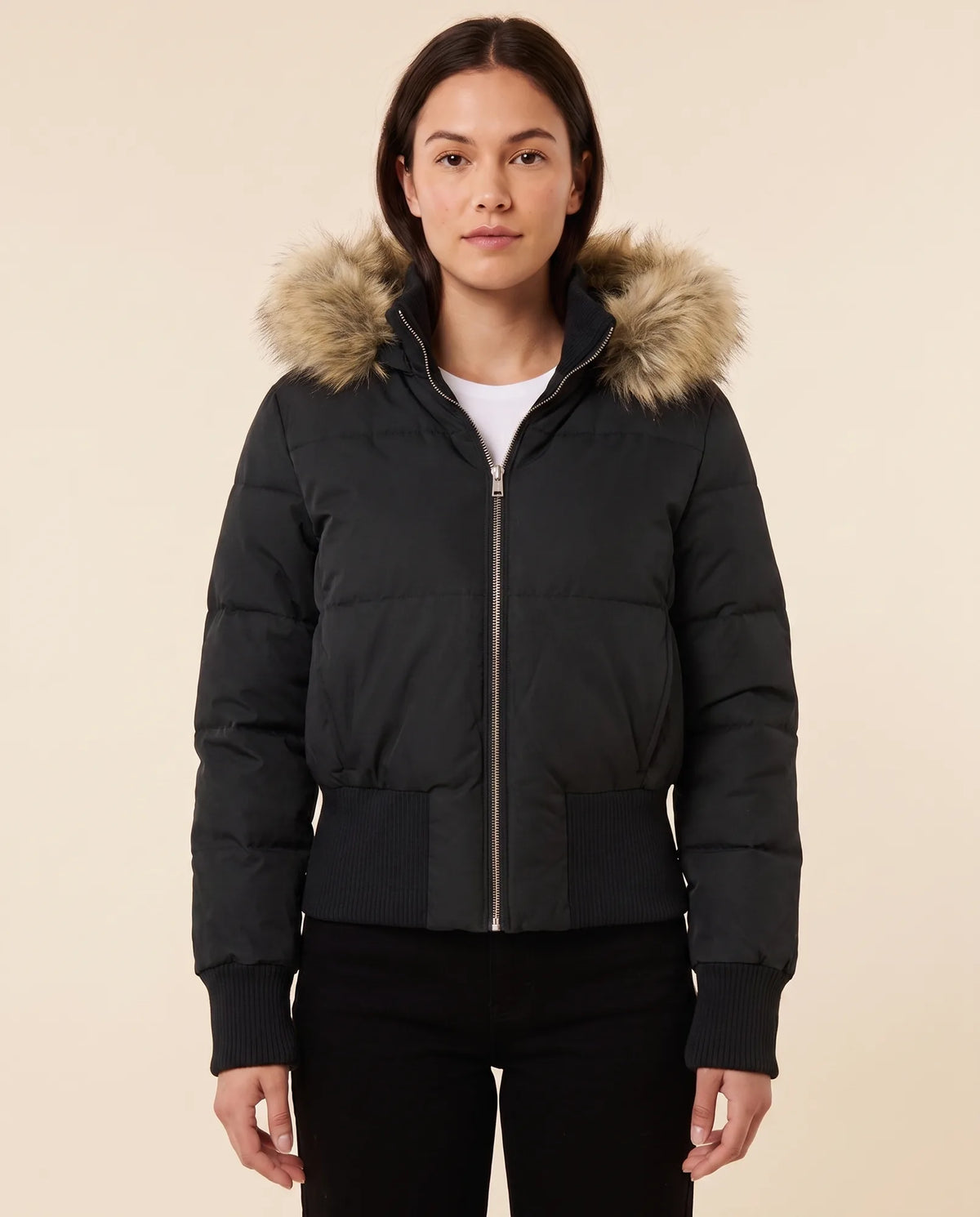 Greta Puffer Jacket for Women - Hooded Ribbed Cuff Zip-Up