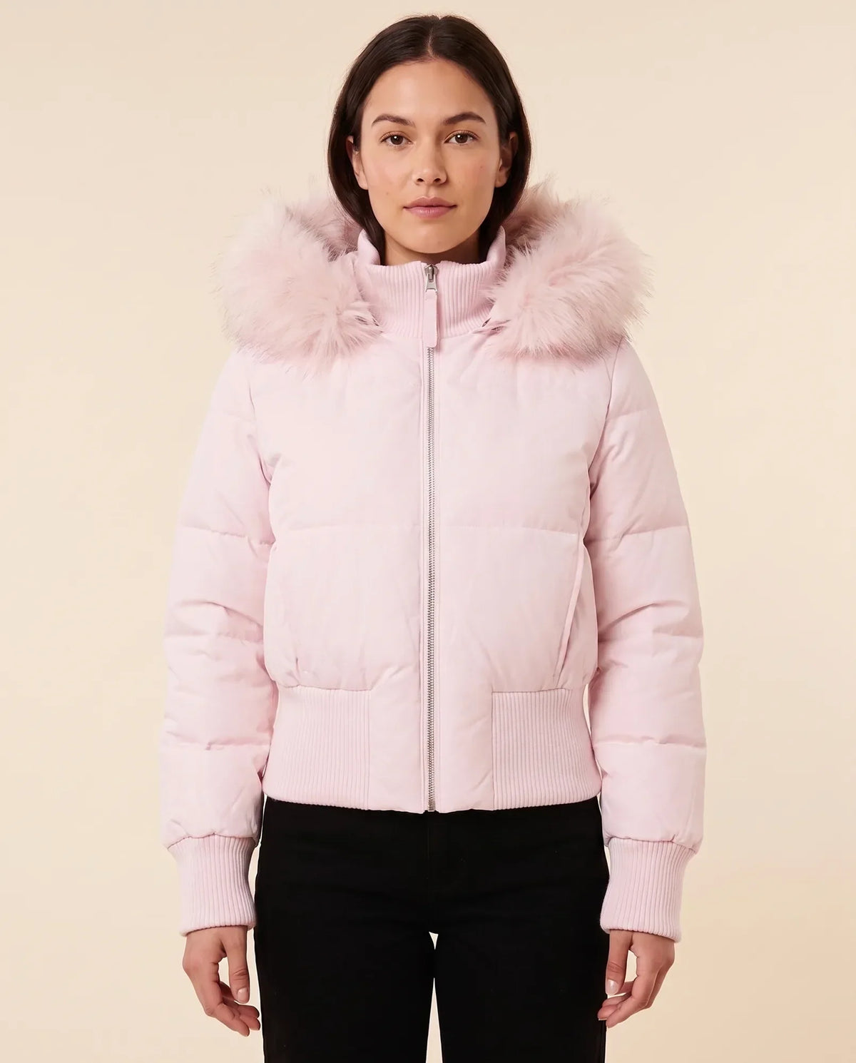 Greta Puffer Jacket for Women - Hooded Ribbed Cuff Zip-Up