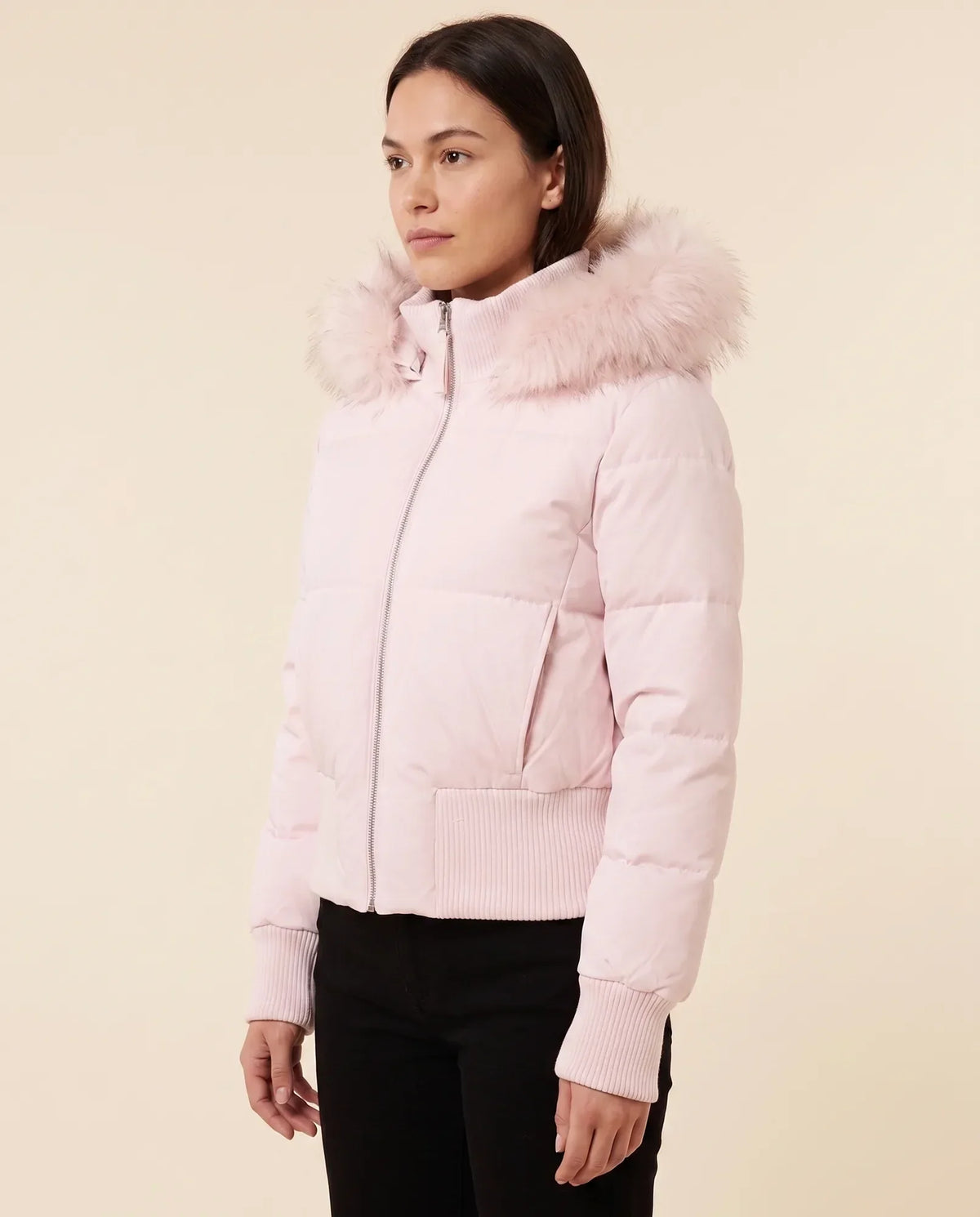 Greta Puffer Jacket for Women - Hooded Ribbed Cuff Zip-Up
