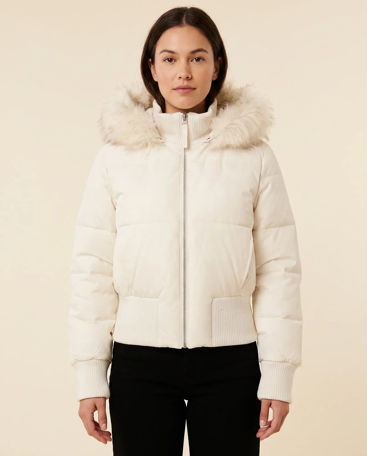 Greta Puffer Jacket for Women - Hooded Ribbed Cuff Zip-Up