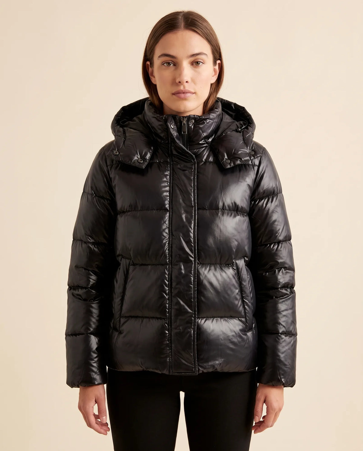 Hazel Puffer Jacket for Women - Slim Fit Hooded Glossy Zip-Up