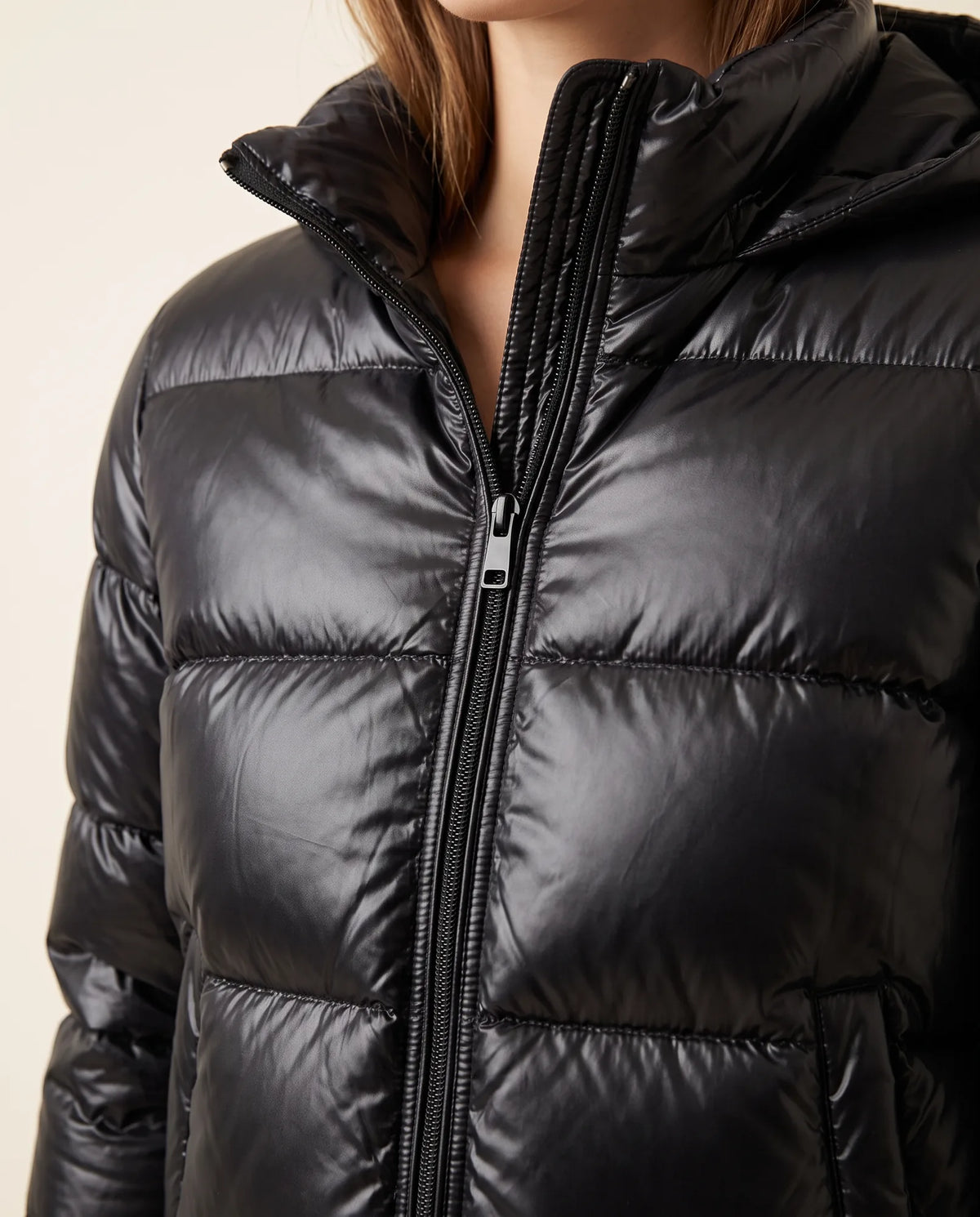 Hazel Puffer Jacket for Women - Slim Fit Hooded Glossy Zip-Up