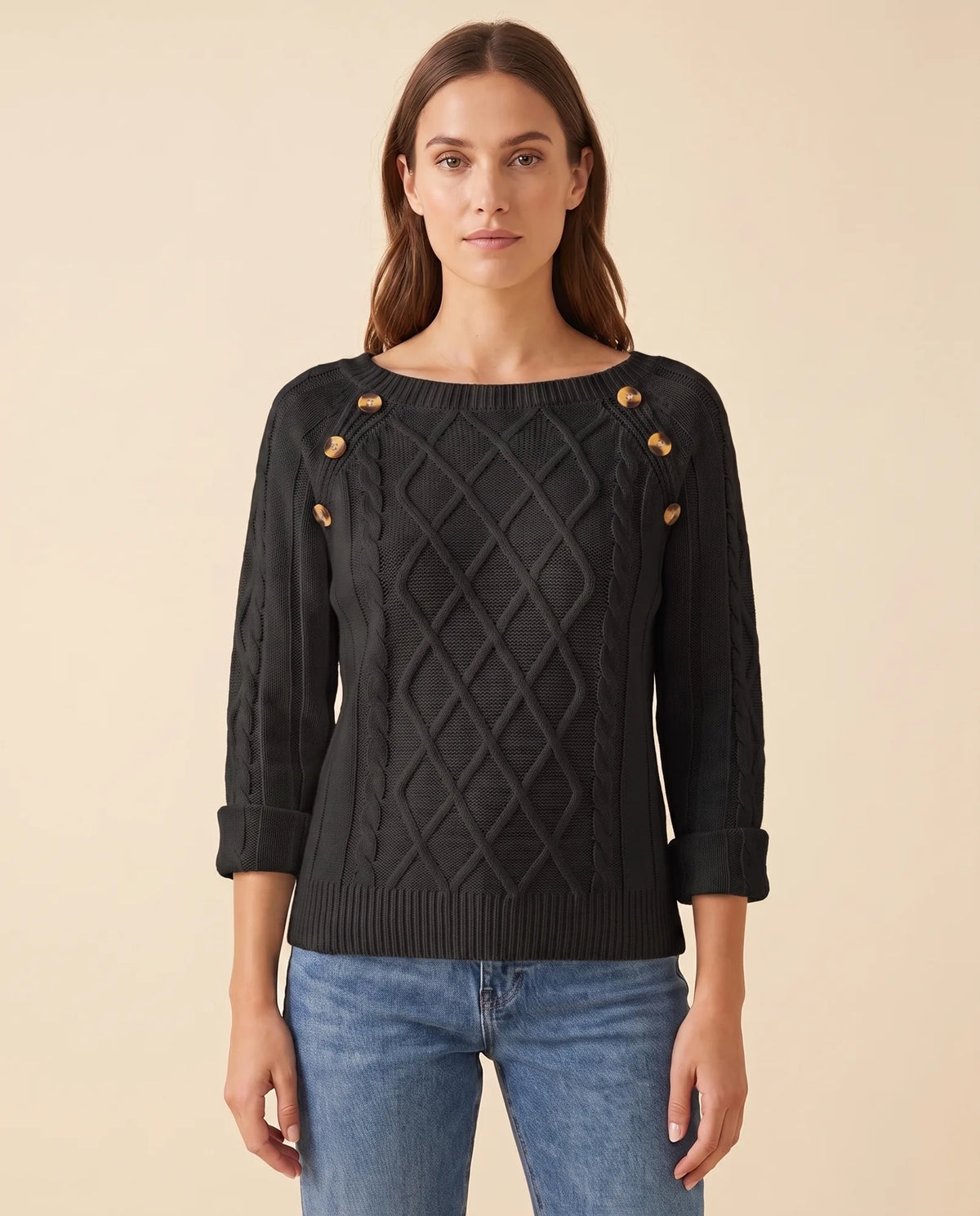 Ivy Sweater for Women - Cable Knit Button Shoulder Round Neck