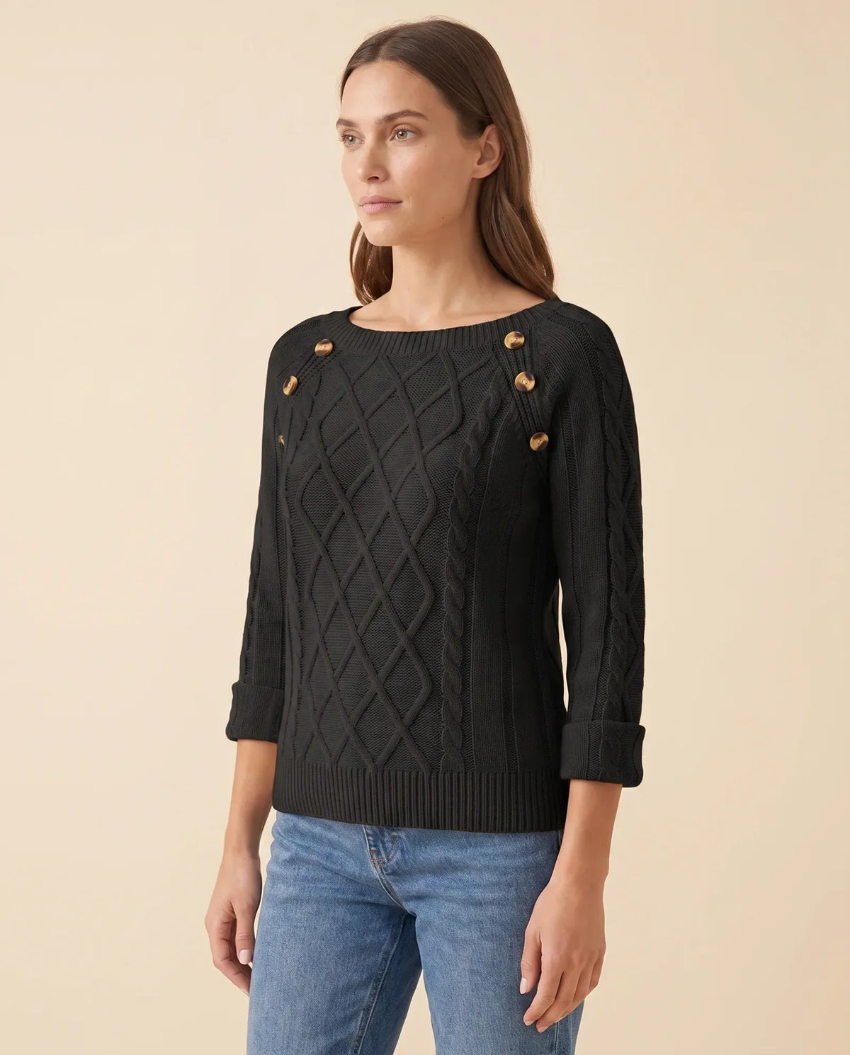 Ivy Sweater for Women - Cable Knit Button Shoulder Round Neck