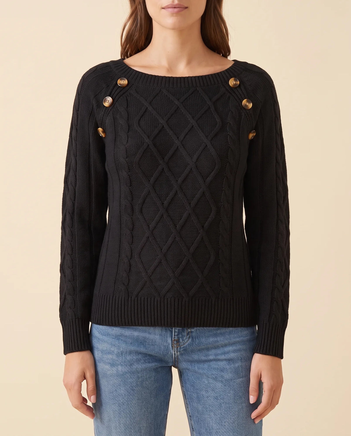 Ivy Sweater for Women - Cable Knit Button Shoulder Round Neck