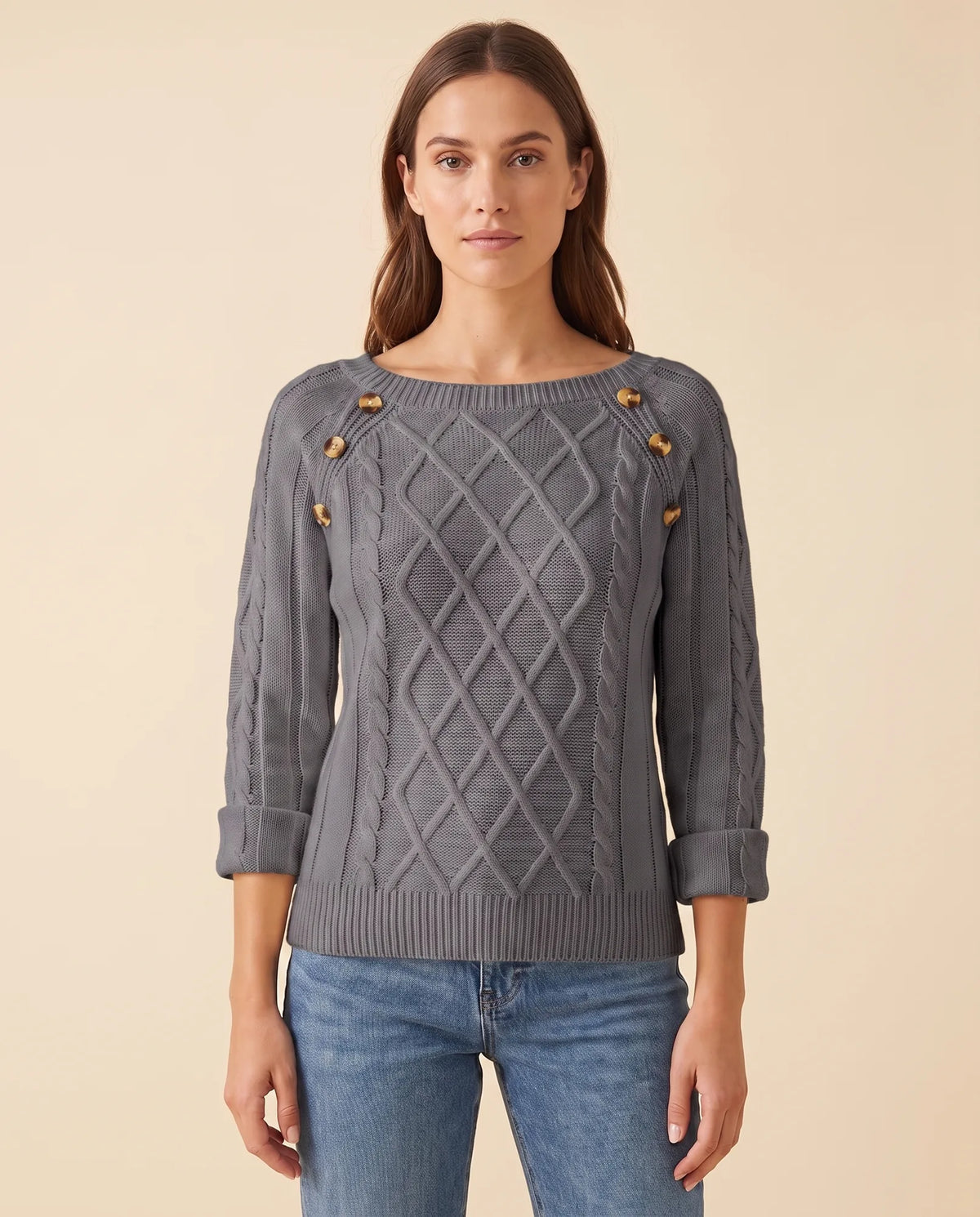 Ivy Sweater for Women - Cable Knit Button Shoulder Round Neck