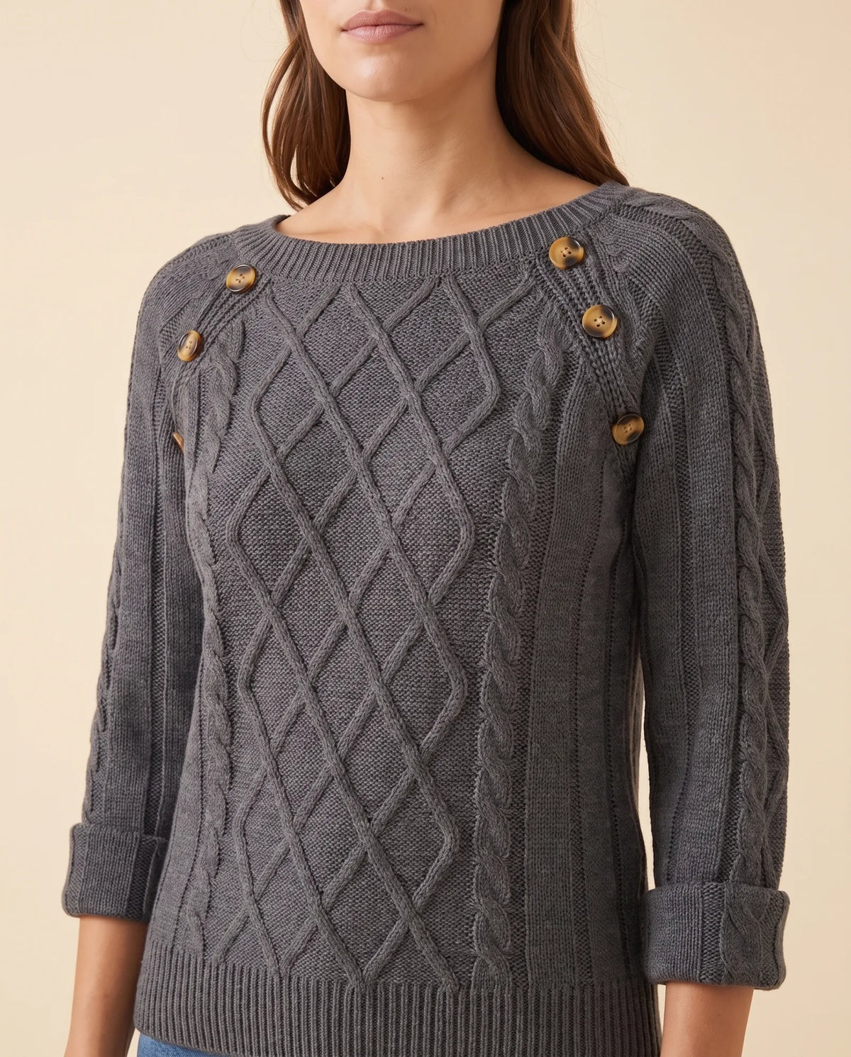 Ivy Sweater for Women - Cable Knit Button Shoulder Round Neck