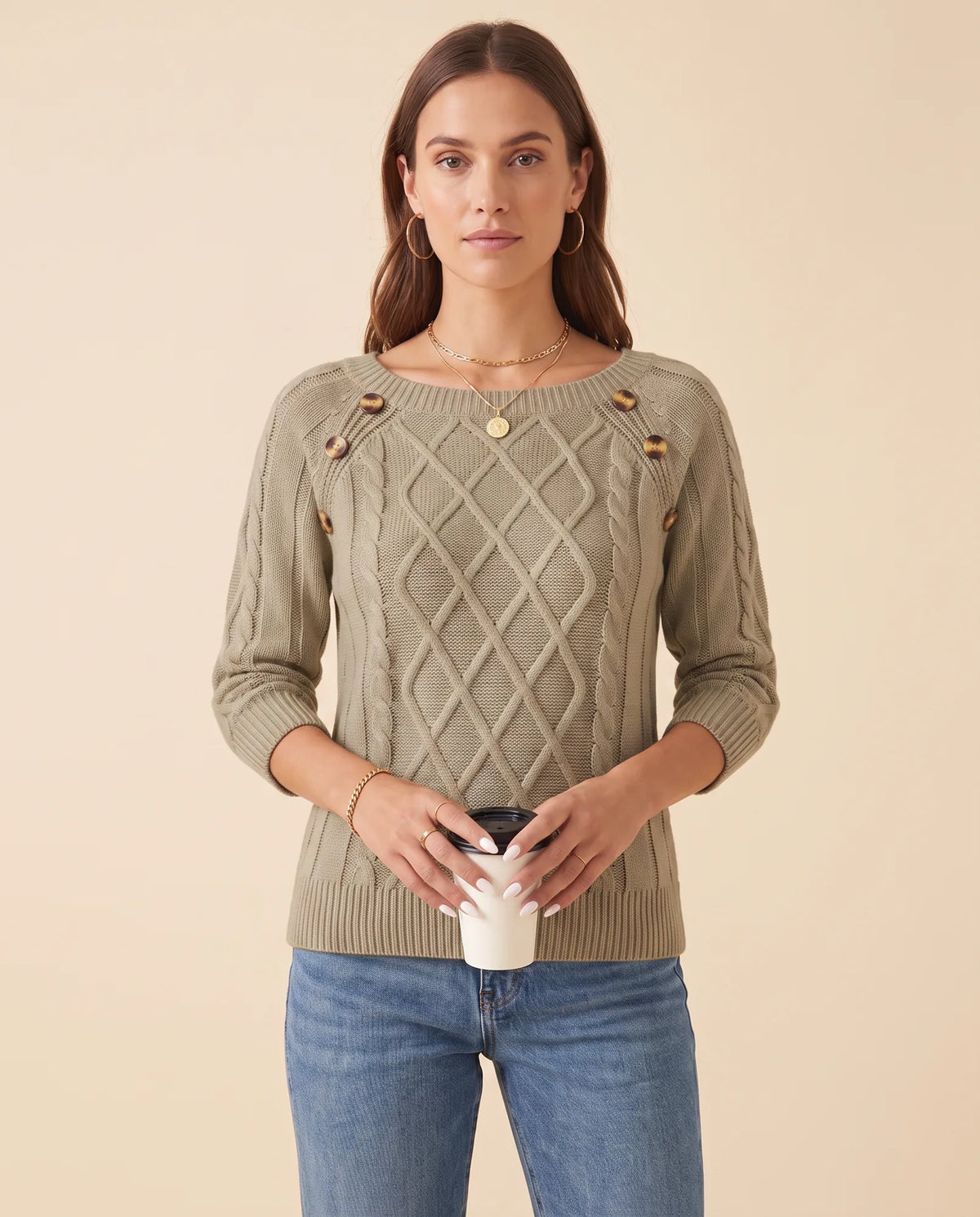 Ivy Sweater for Women - Cable Knit Button Shoulder Round Neck