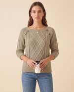 Ivy Sweater for Women - Cable Knit Button Shoulder Round Neck