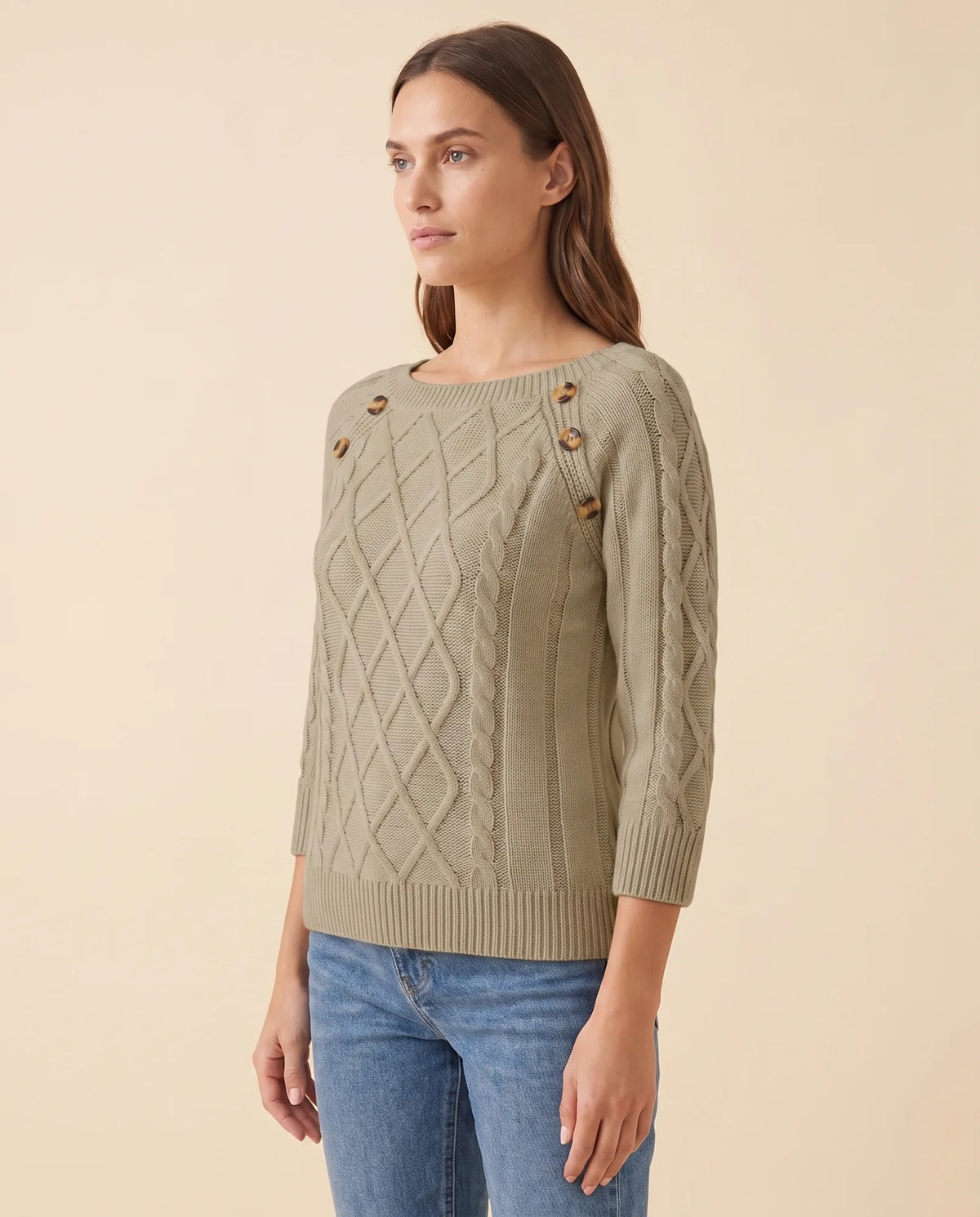 Ivy Sweater for Women - Cable Knit Button Shoulder Round Neck