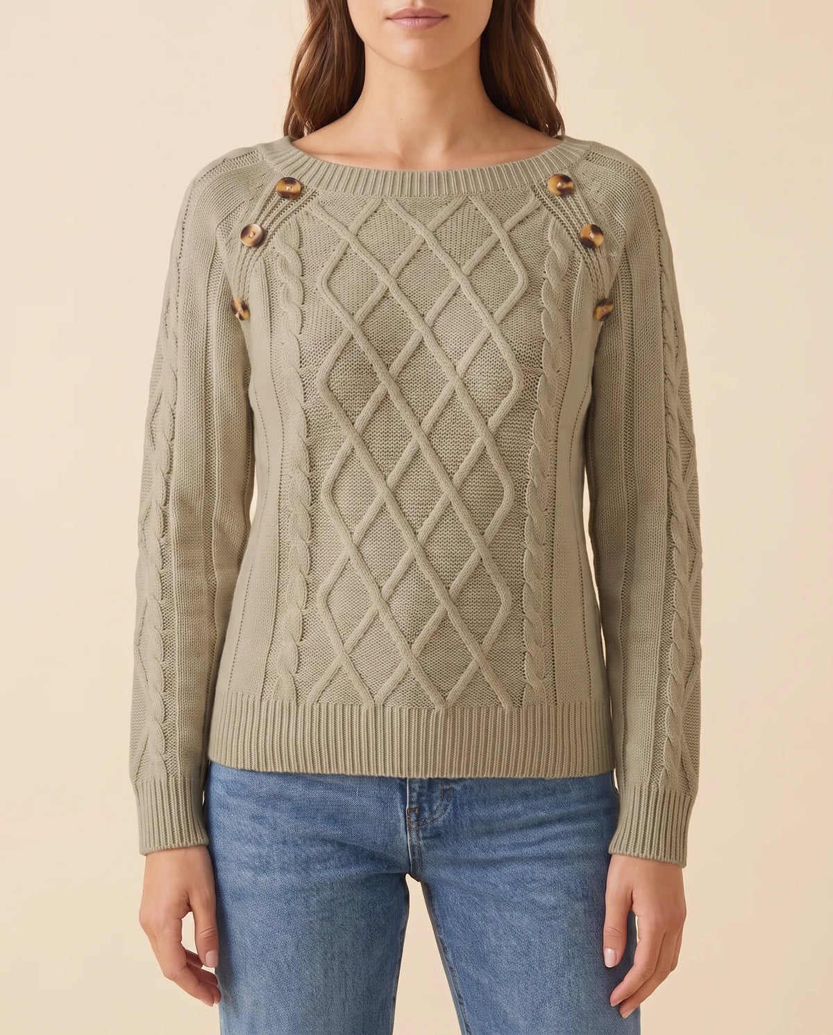 Ivy Sweater for Women - Cable Knit Button Shoulder Round Neck
