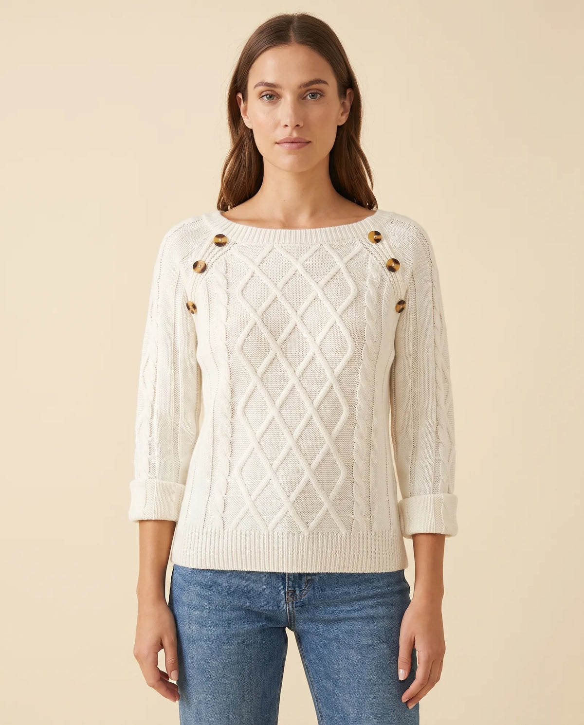 Ivy Sweater for Women - Cable Knit Button Shoulder Round Neck