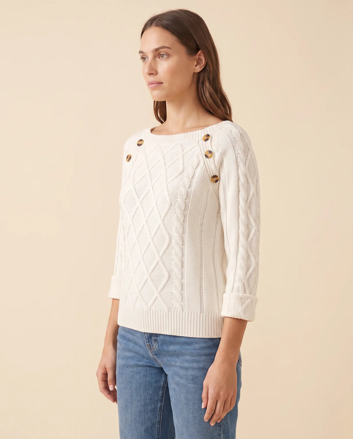 Ivy Sweater for Women - Cable Knit Button Shoulder Round Neck