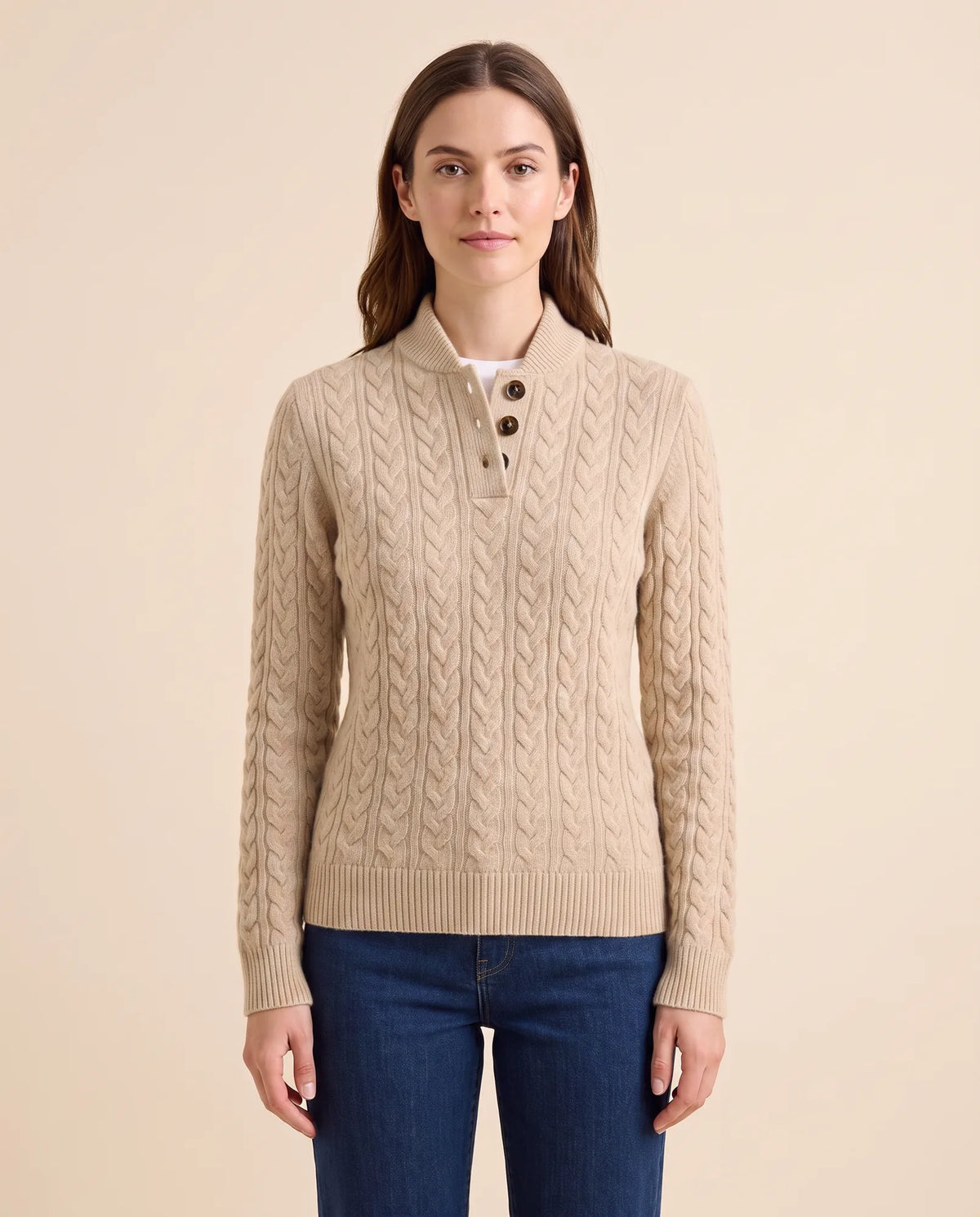 Maeve Sweater for Women - Cable Knit Button Neck Stand Collar