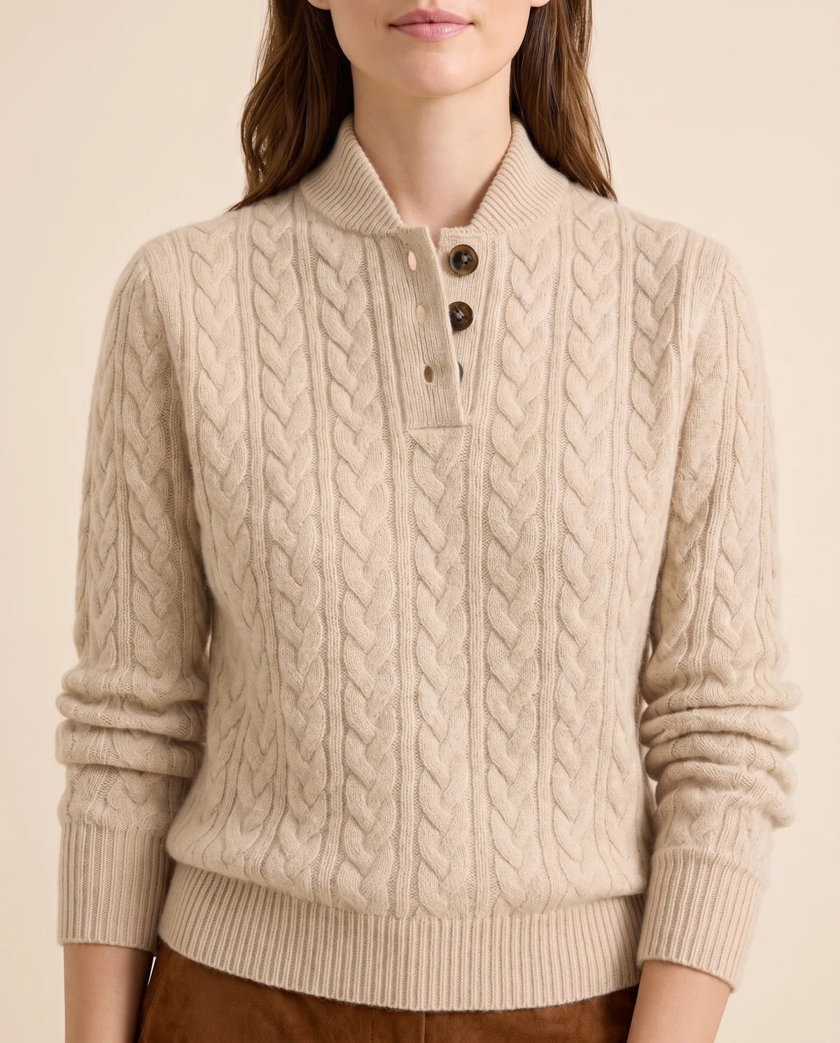 Maeve Sweater for Women - Cable Knit Button Neck Stand Collar