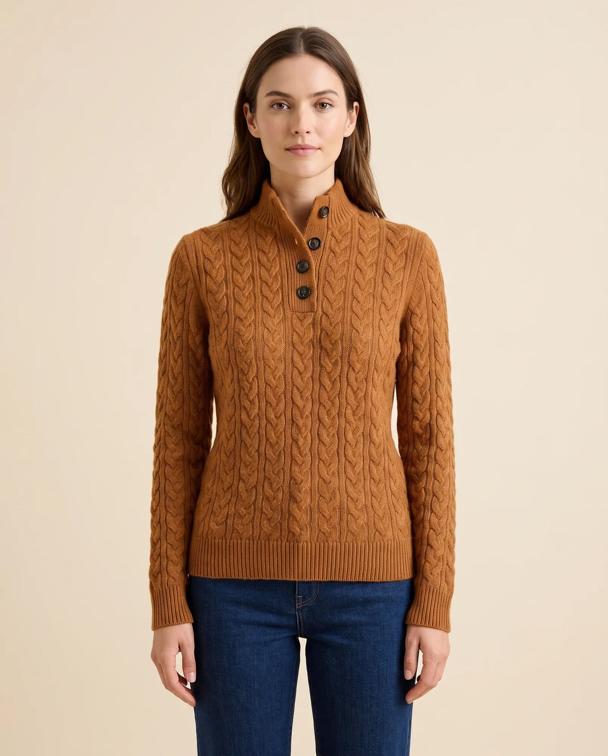 Maeve Sweater for Women - Cable Knit Button Neck Stand Collar