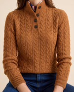 Maeve Sweater for Women - Cable Knit Button Neck Stand Collar