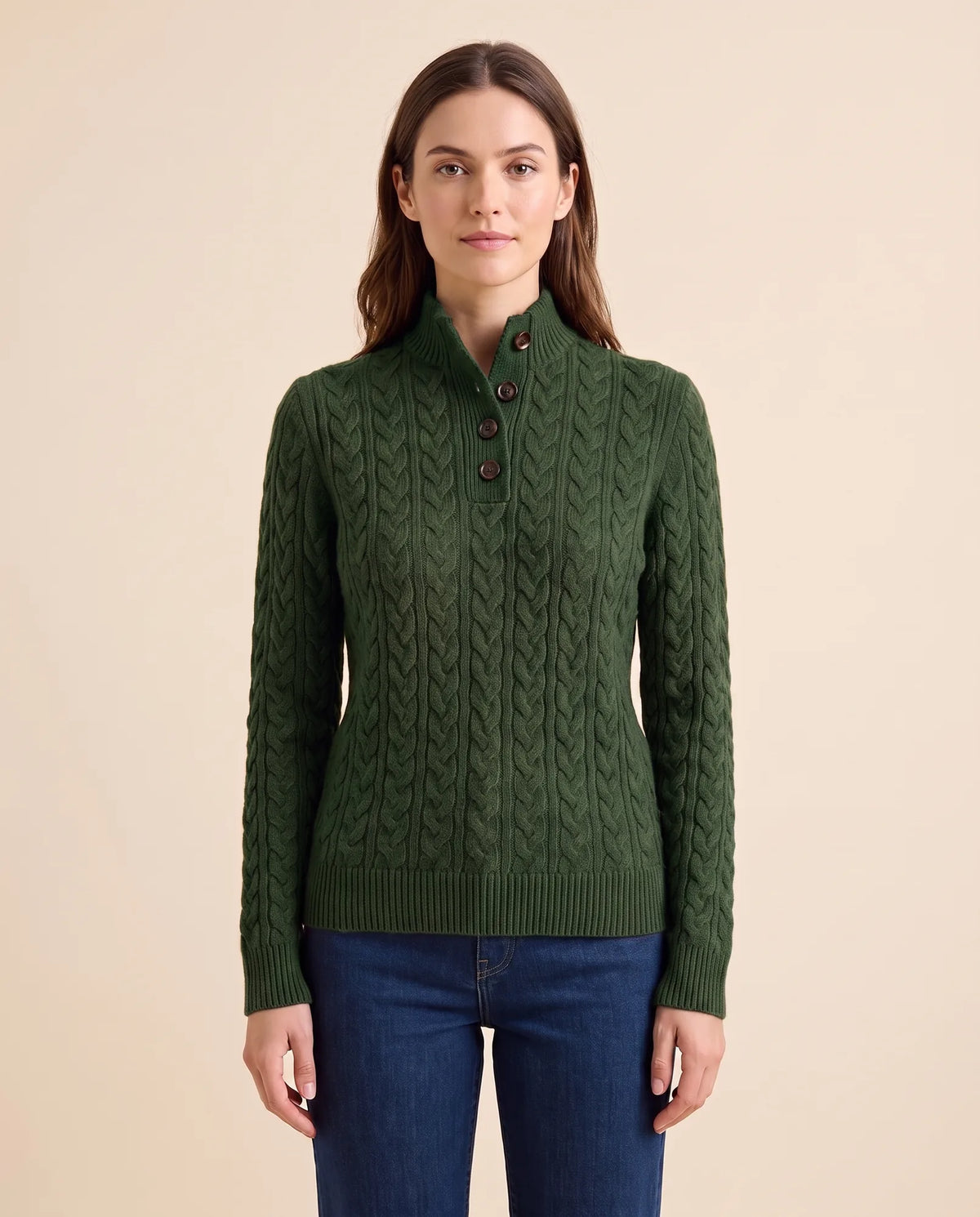 Maeve Sweater for Women - Cable Knit Button Neck Stand Collar