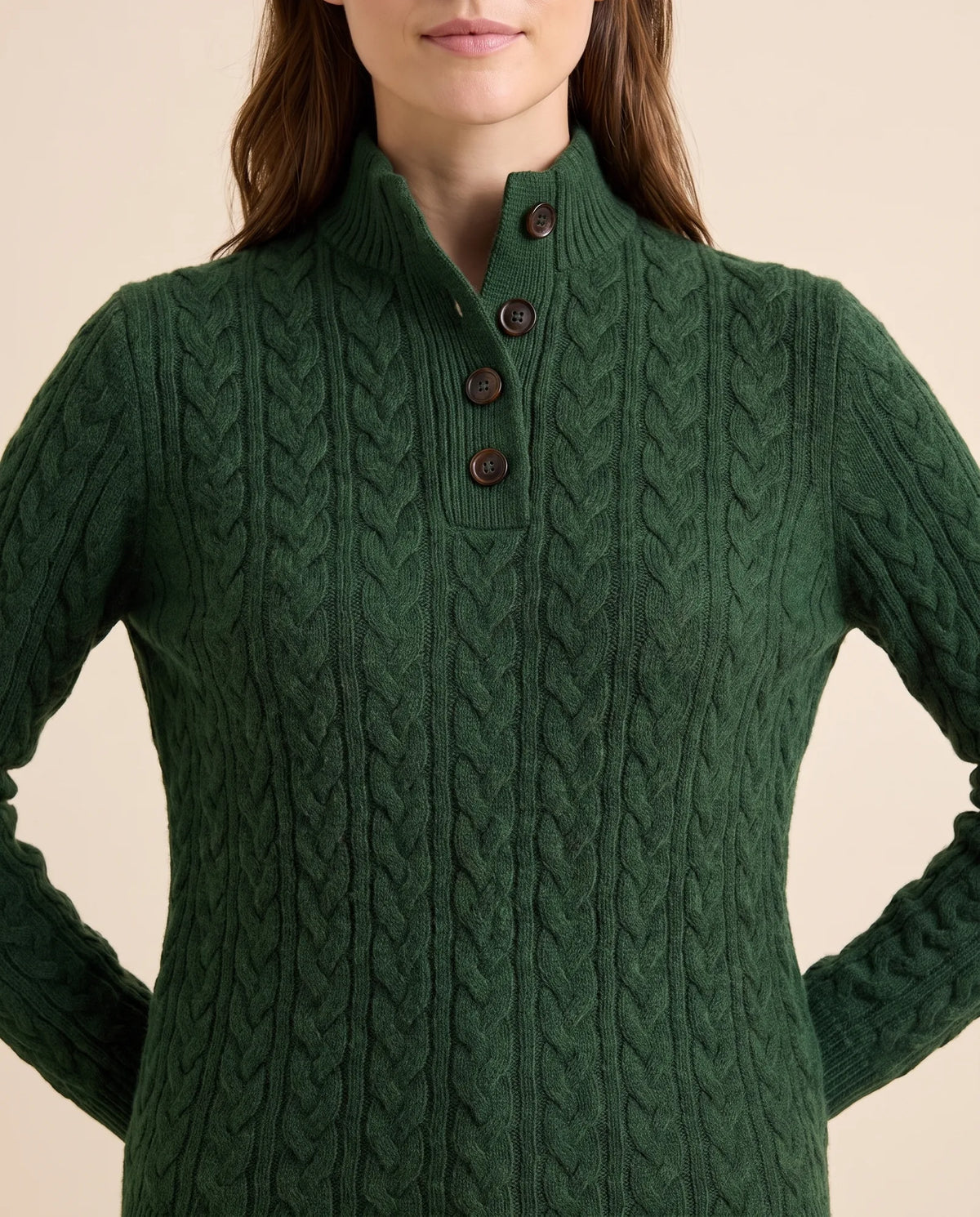 Maeve Sweater for Women - Cable Knit Button Neck Stand Collar