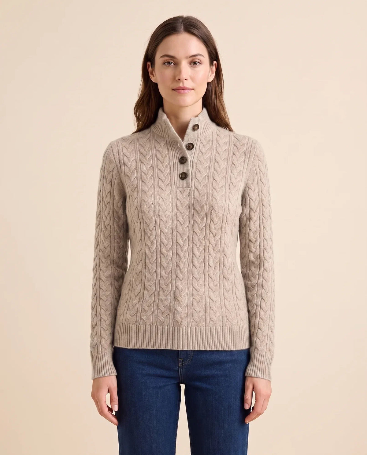 Maeve Sweater for Women - Cable Knit Button Neck Stand Collar