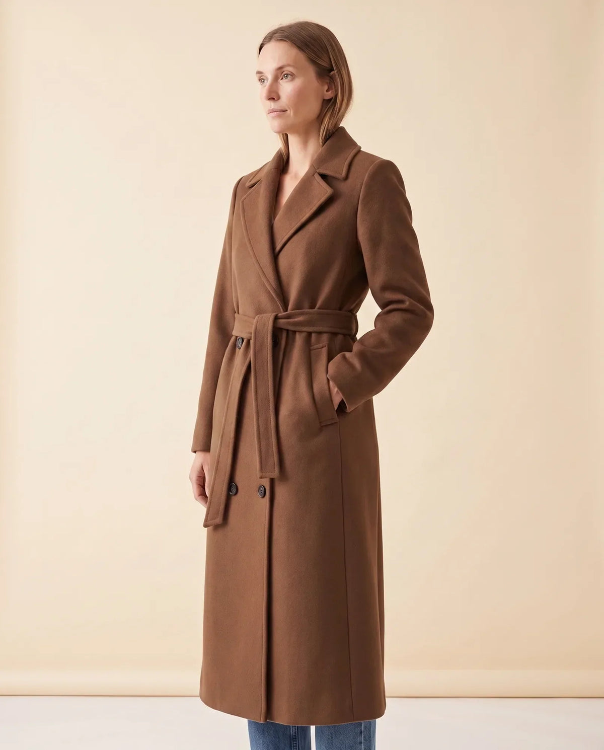 Quinn Long Coat for Women - Belted Double-Breasted Lapel