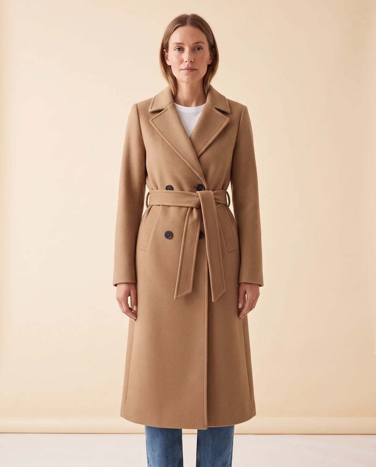 Quinn Long Coat for Women - Belted Double-Breasted Lapel