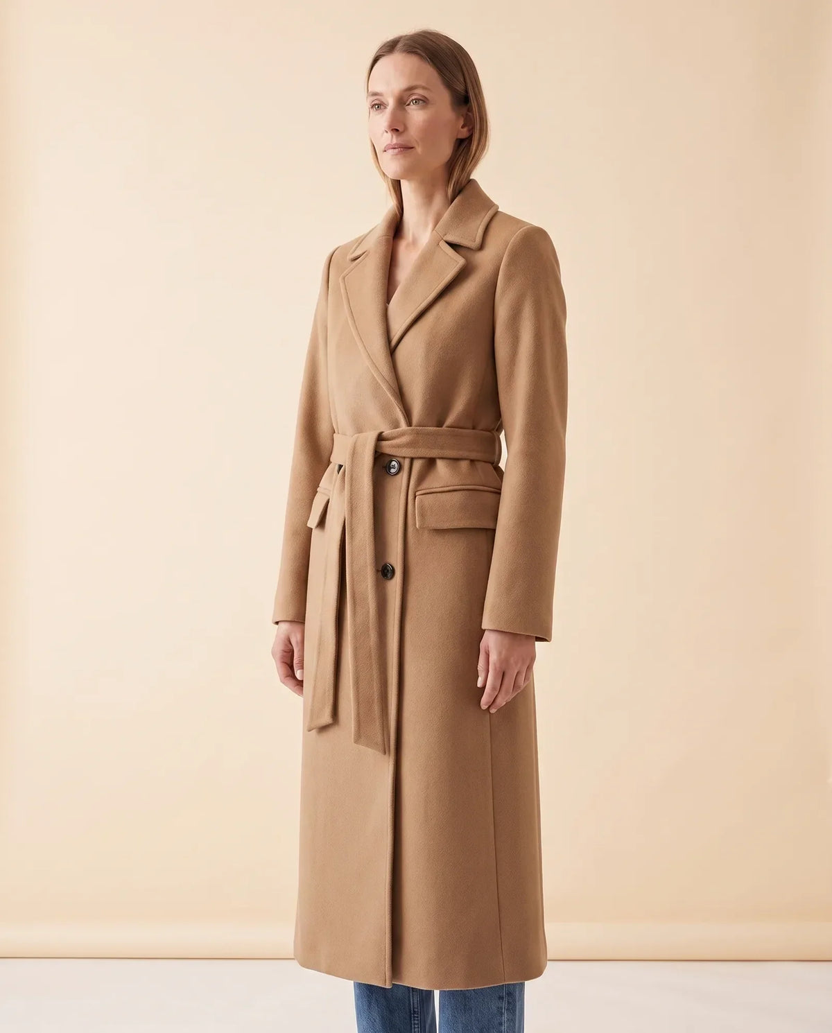 Quinn Long Coat for Women - Belted Double-Breasted Lapel