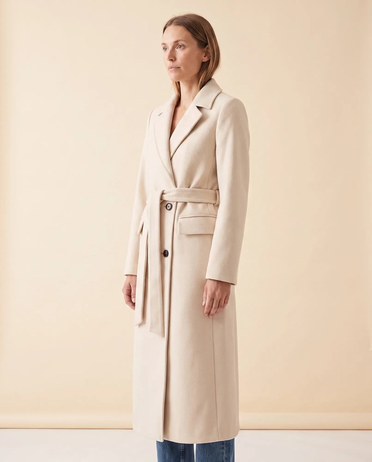 Quinn Long Coat for Women - Belted Double-Breasted Lapel