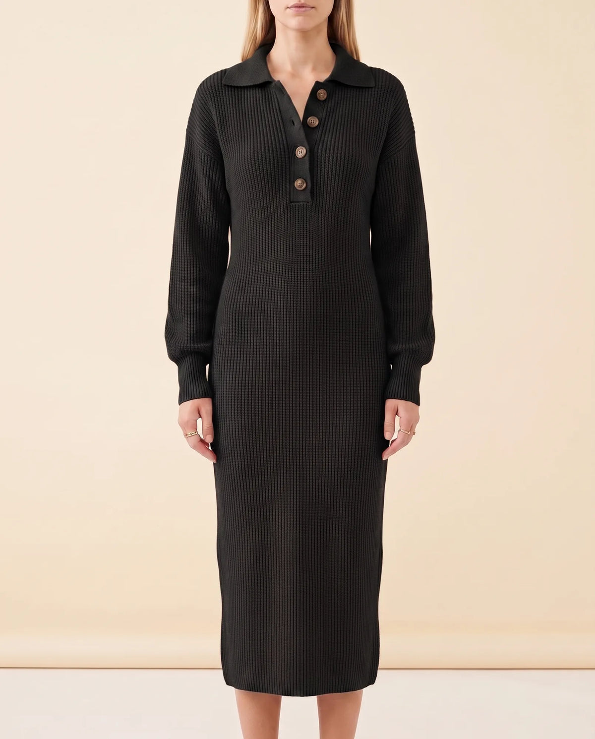Una Knit Midi Dress for Women - Ribbed Collared Button Neck