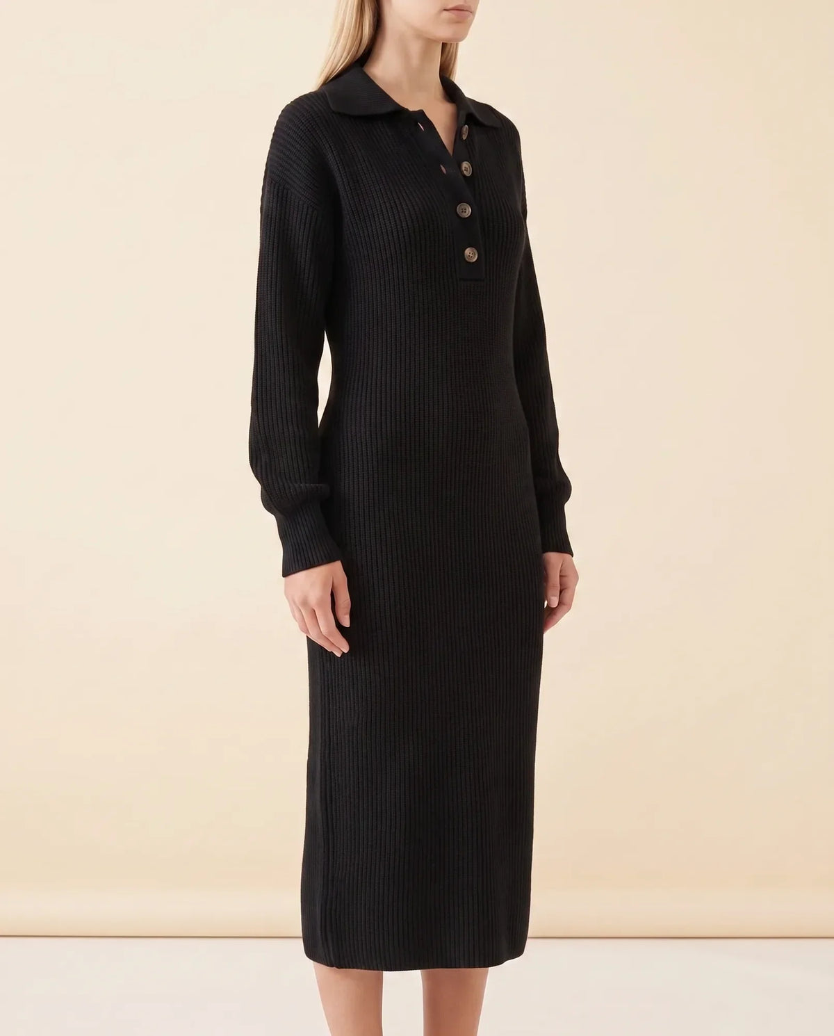 Una Knit Midi Dress for Women - Ribbed Collared Button Neck