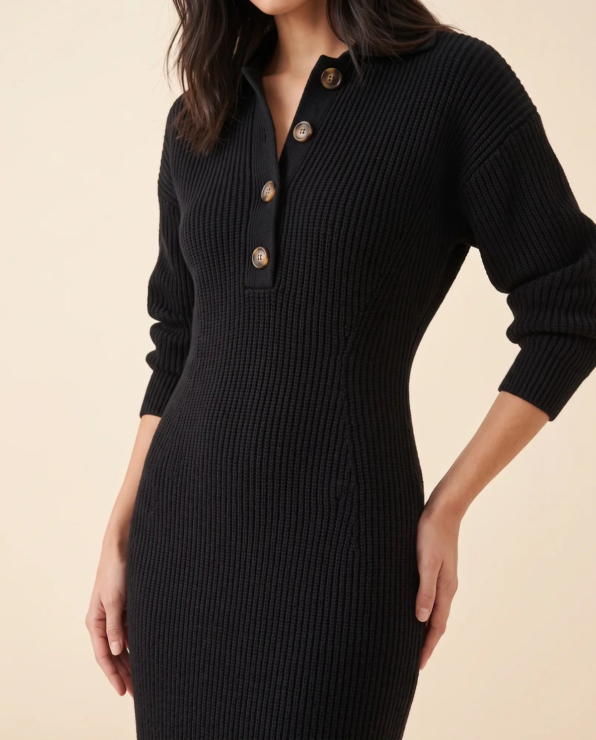 Una Knit Midi Dress for Women - Ribbed Collared Button Neck