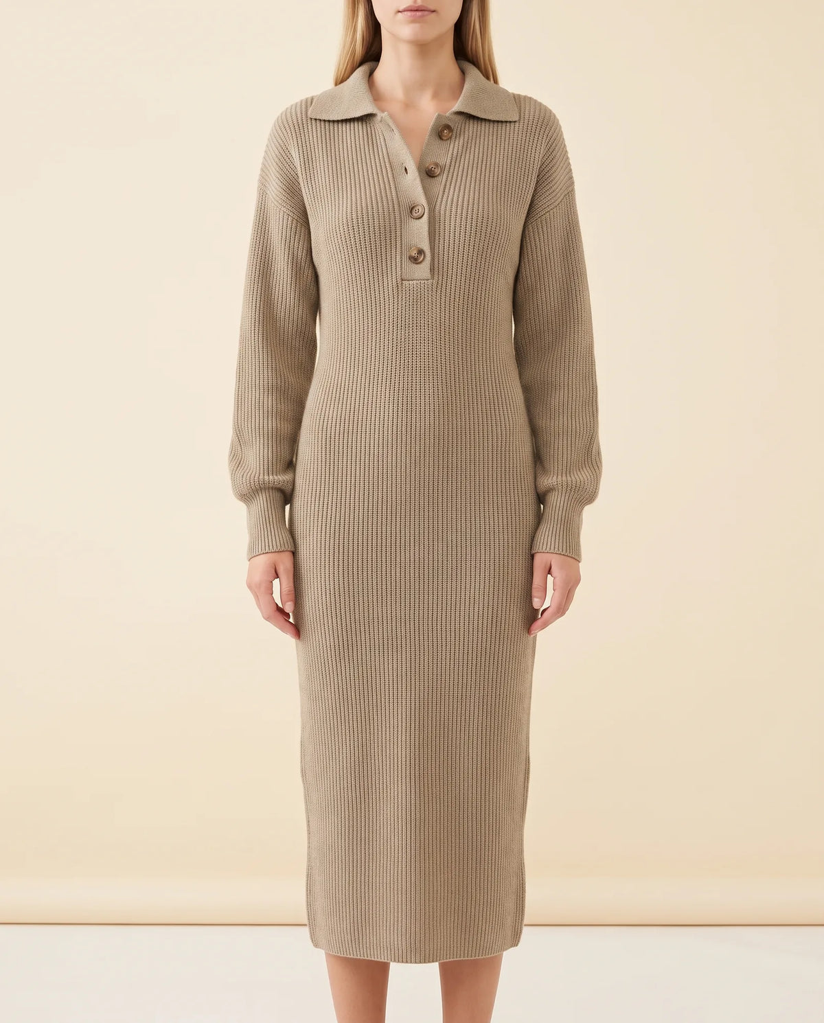 Una Knit Midi Dress for Women - Ribbed Collared Button Neck