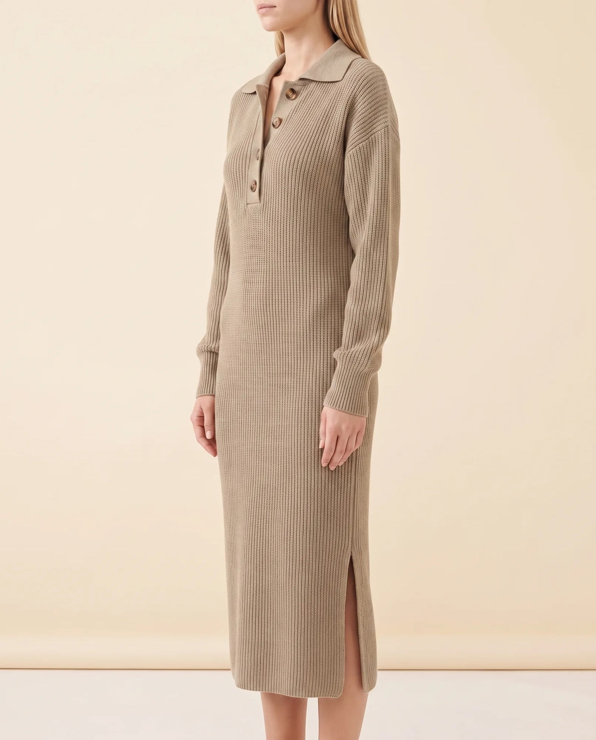 Una Knit Midi Dress for Women - Ribbed Collared Button Neck