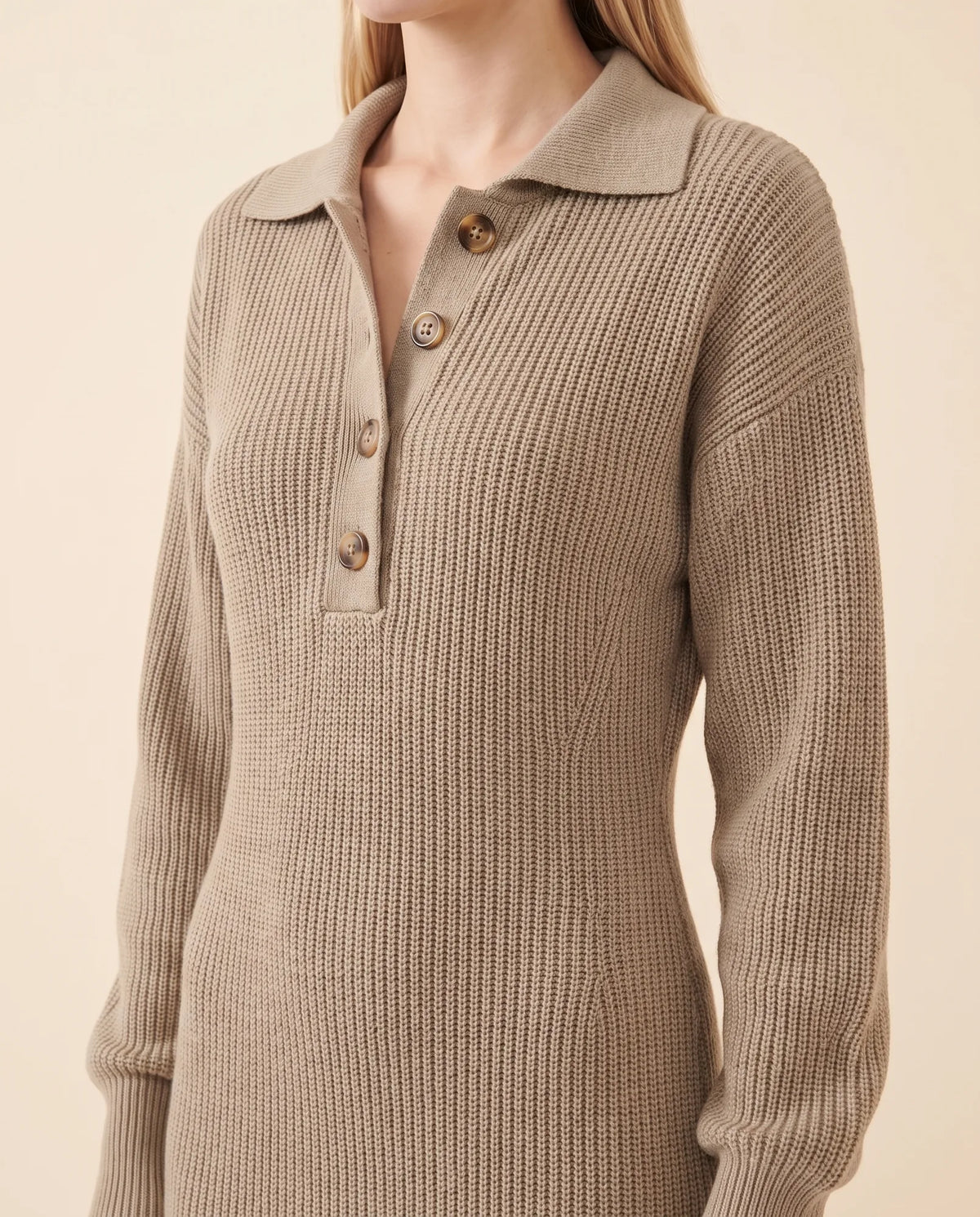 Una Knit Midi Dress for Women - Ribbed Collared Button Neck