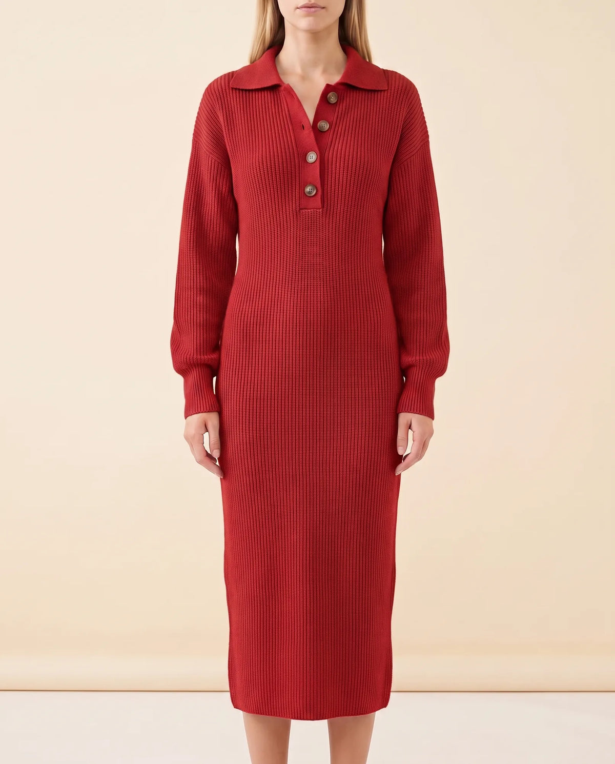 Una Knit Midi Dress for Women - Ribbed Collared Button Neck