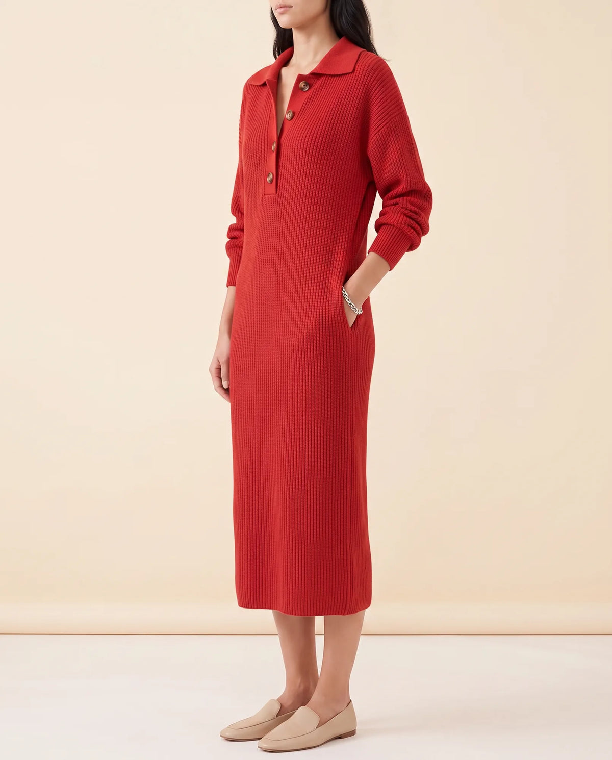 Una Knit Midi Dress for Women - Ribbed Collared Button Neck