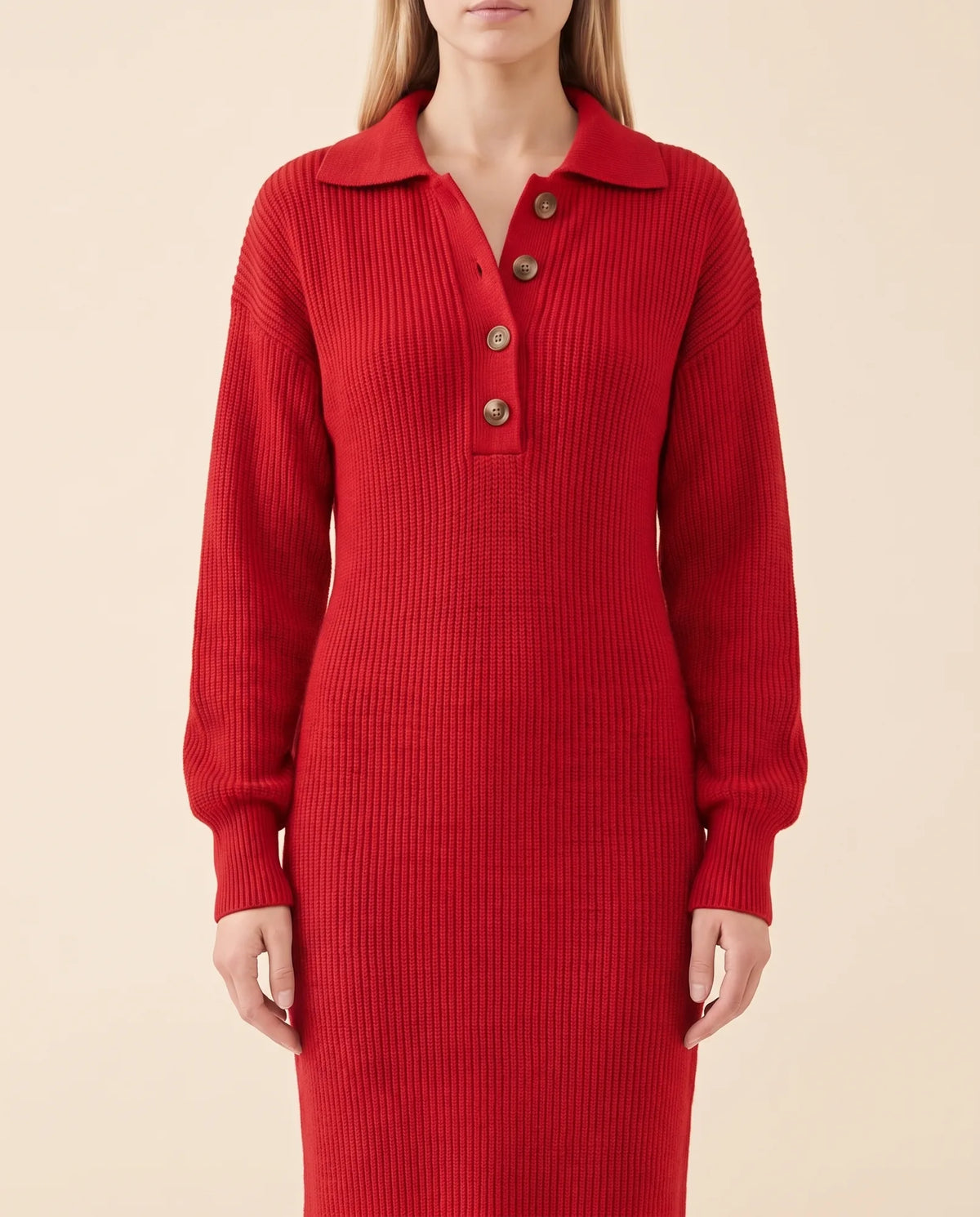 Una Knit Midi Dress for Women - Ribbed Collared Button Neck