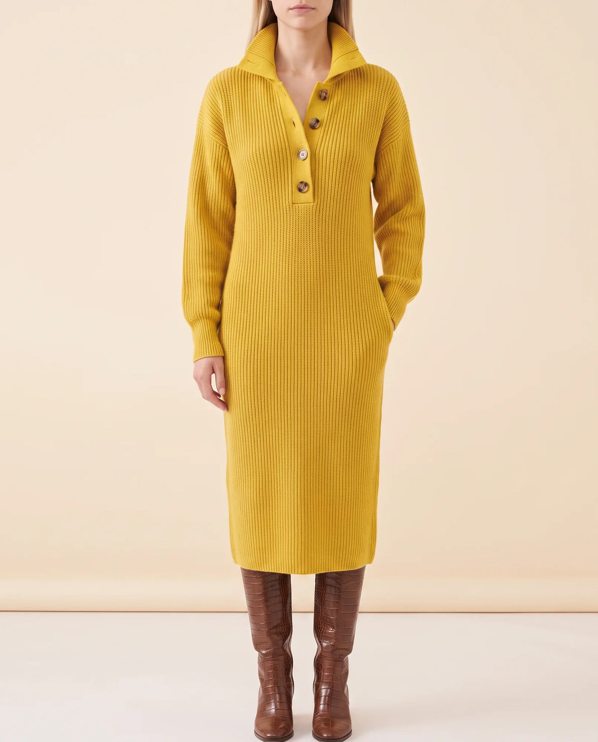Una Knit Midi Dress for Women - Ribbed Collared Button Neck