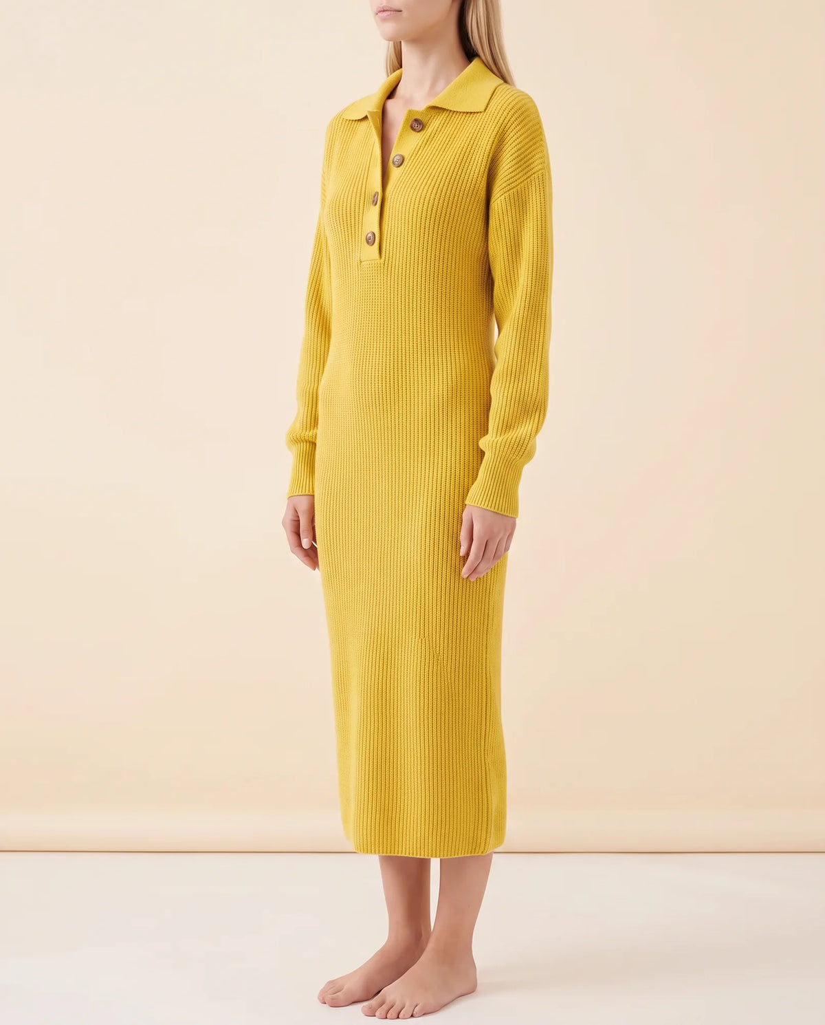 Una Knit Midi Dress for Women - Ribbed Collared Button Neck