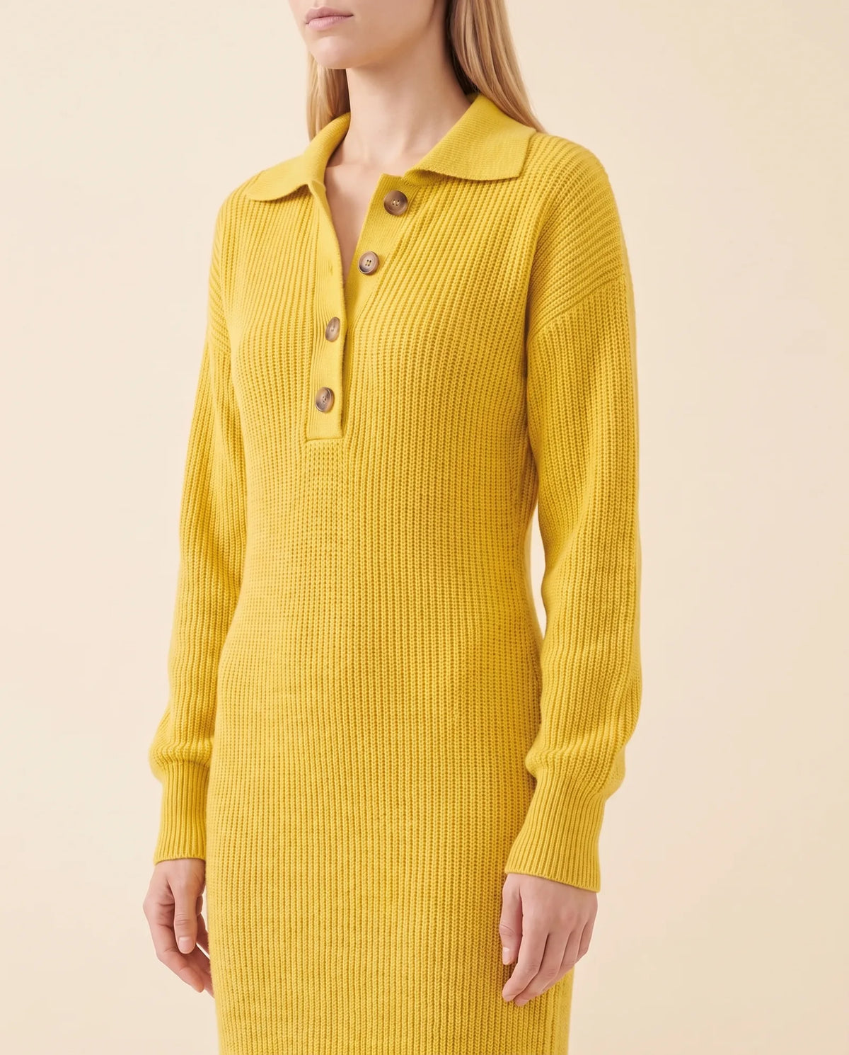 Una Knit Midi Dress for Women - Ribbed Collared Button Neck